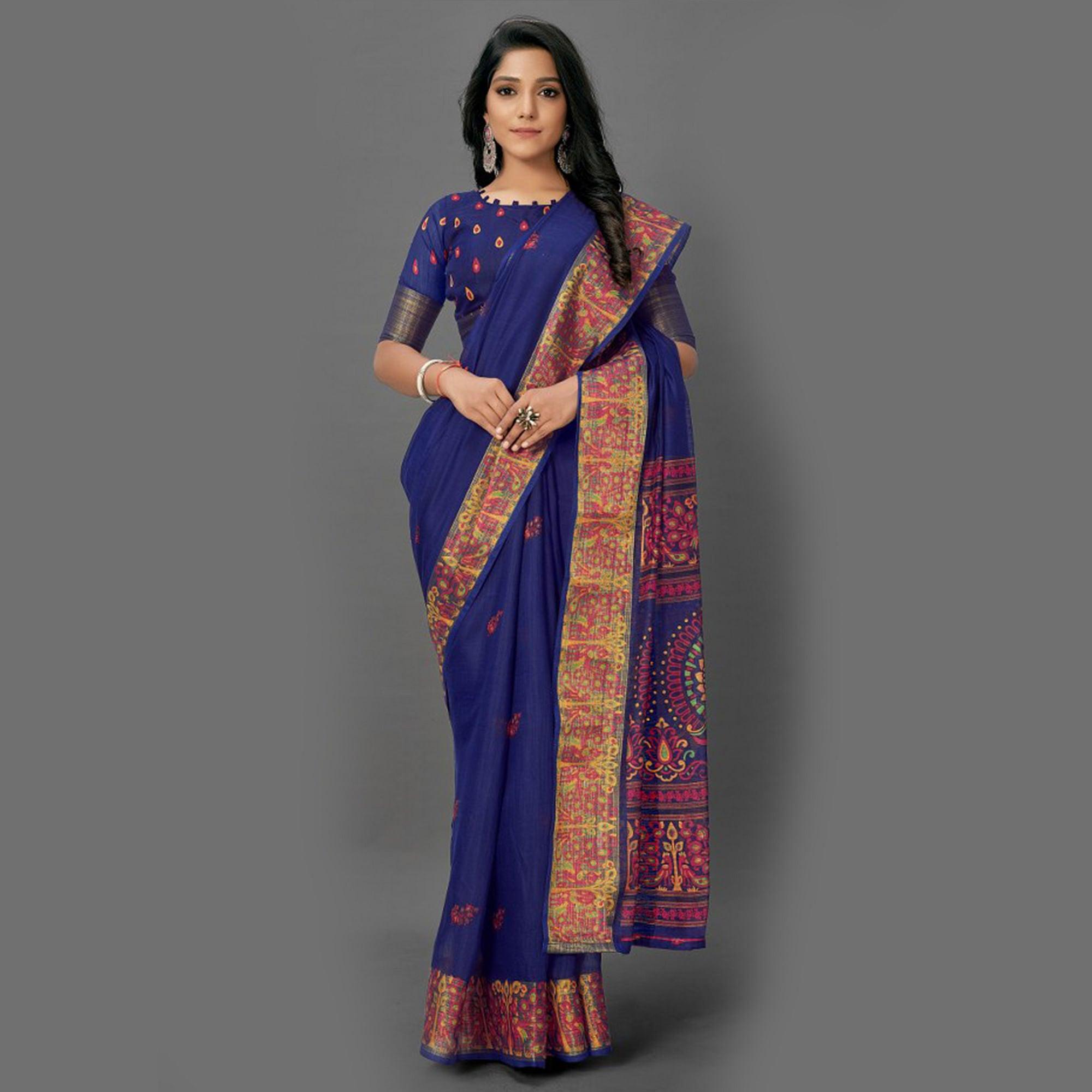 Flattering Navy Blue Colored Casual Wear Printed Cotton Saree - Peachmode