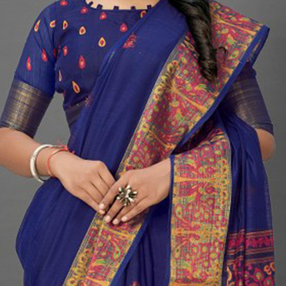 Flattering Navy Blue Colored Casual Wear Printed Cotton Saree - Peachmode