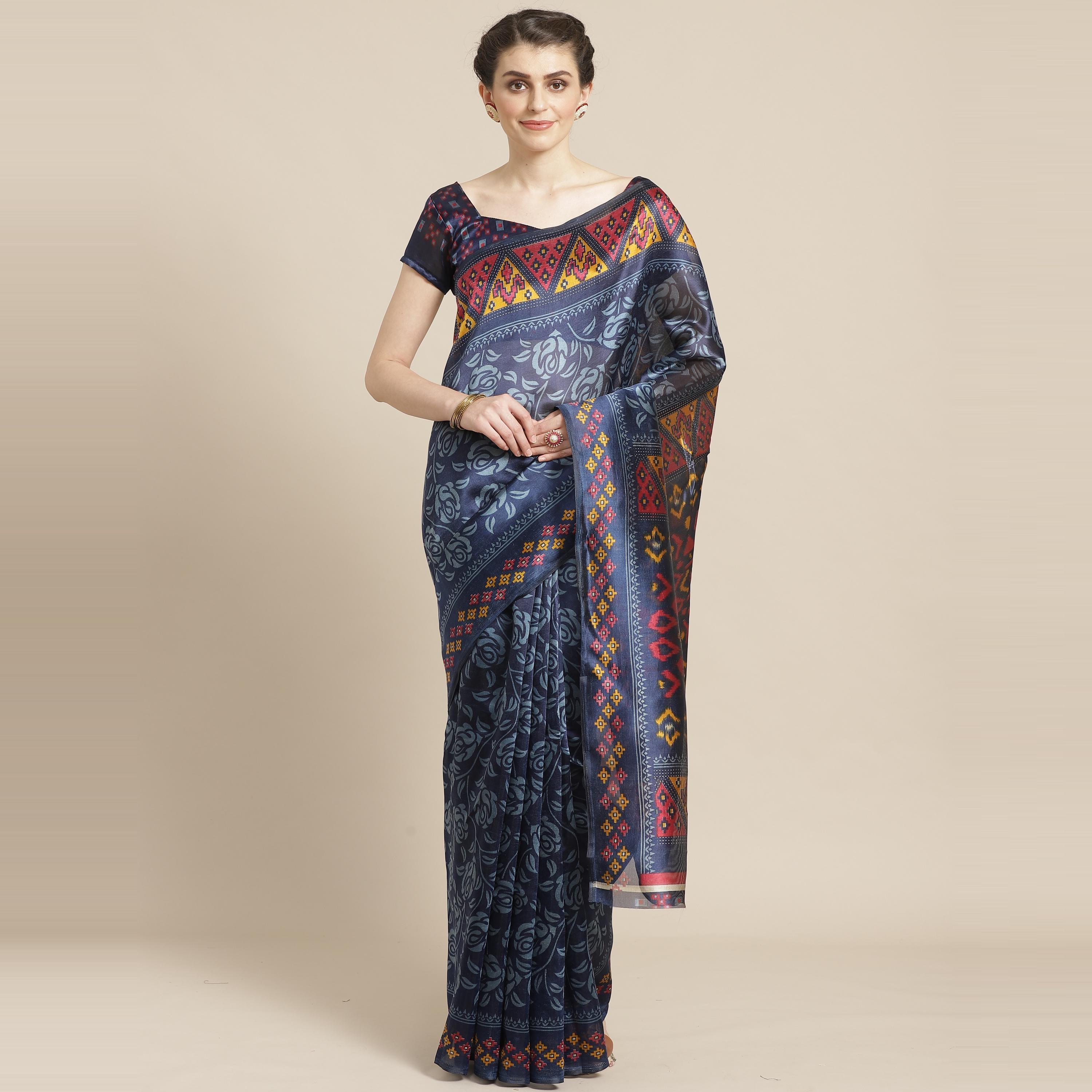 Flattering Navy Blue Colored Casual Wear Printed Lichi Silk Saree - Peachmode