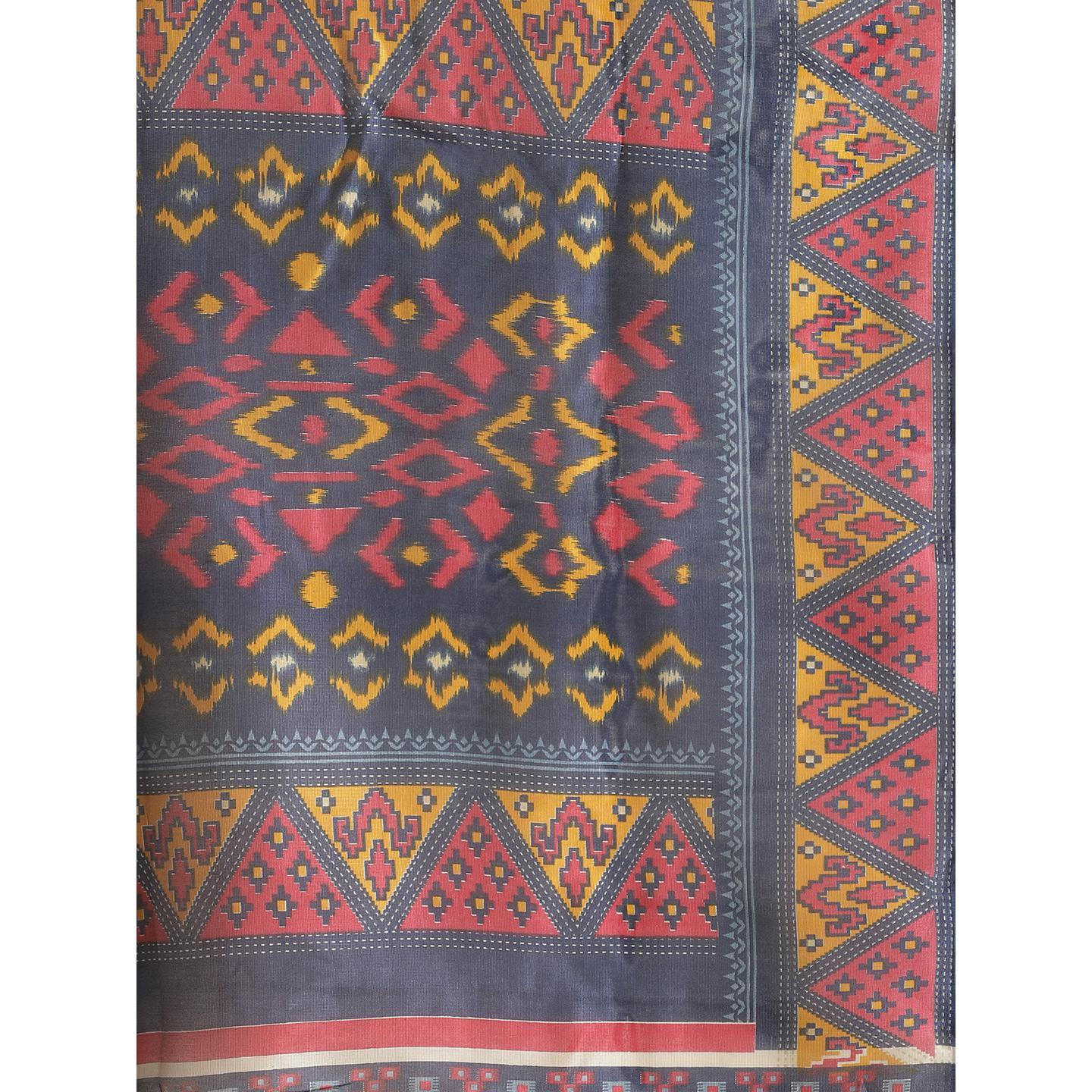 Flattering Navy Blue Colored Casual Wear Printed Lichi Silk Saree - Peachmode