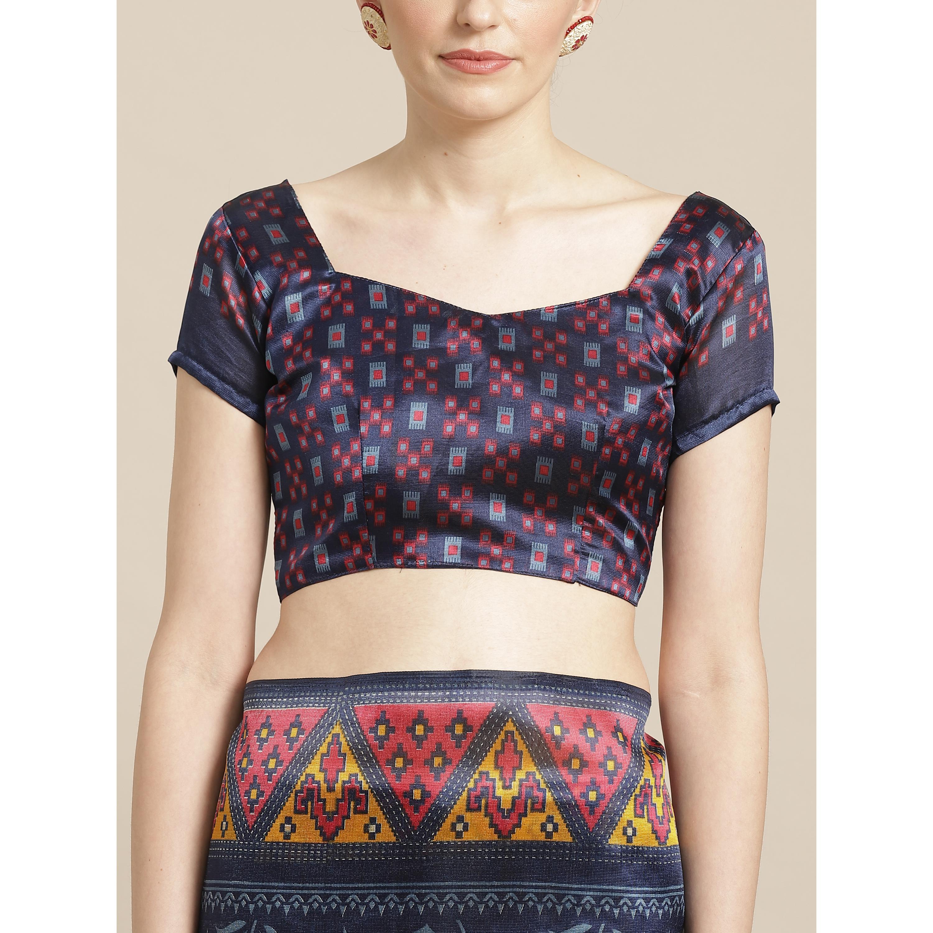 Flattering Navy Blue Colored Casual Wear Printed Lichi Silk Saree - Peachmode