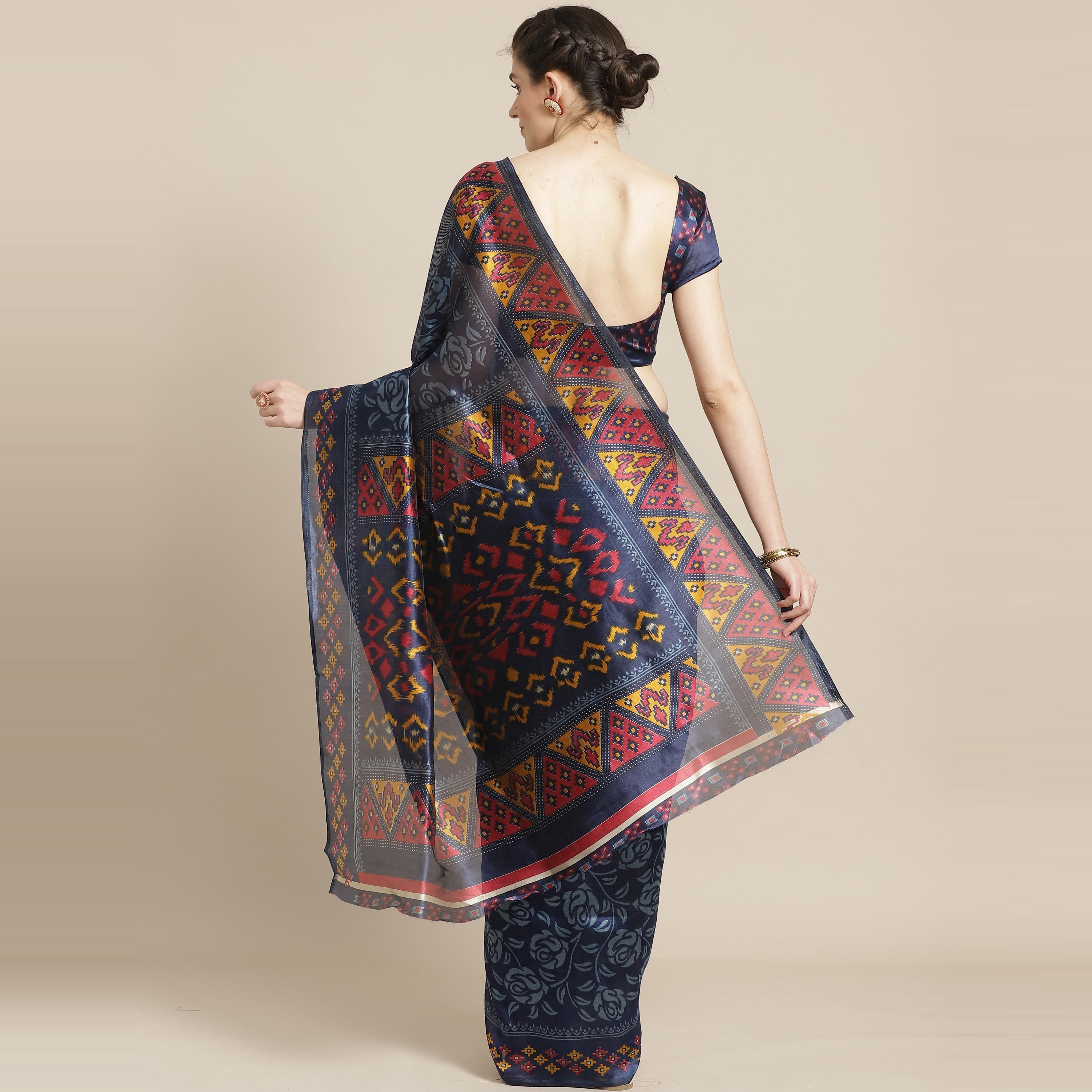 Flattering Navy Blue Colored Casual Wear Printed Lichi Silk Saree - Peachmode