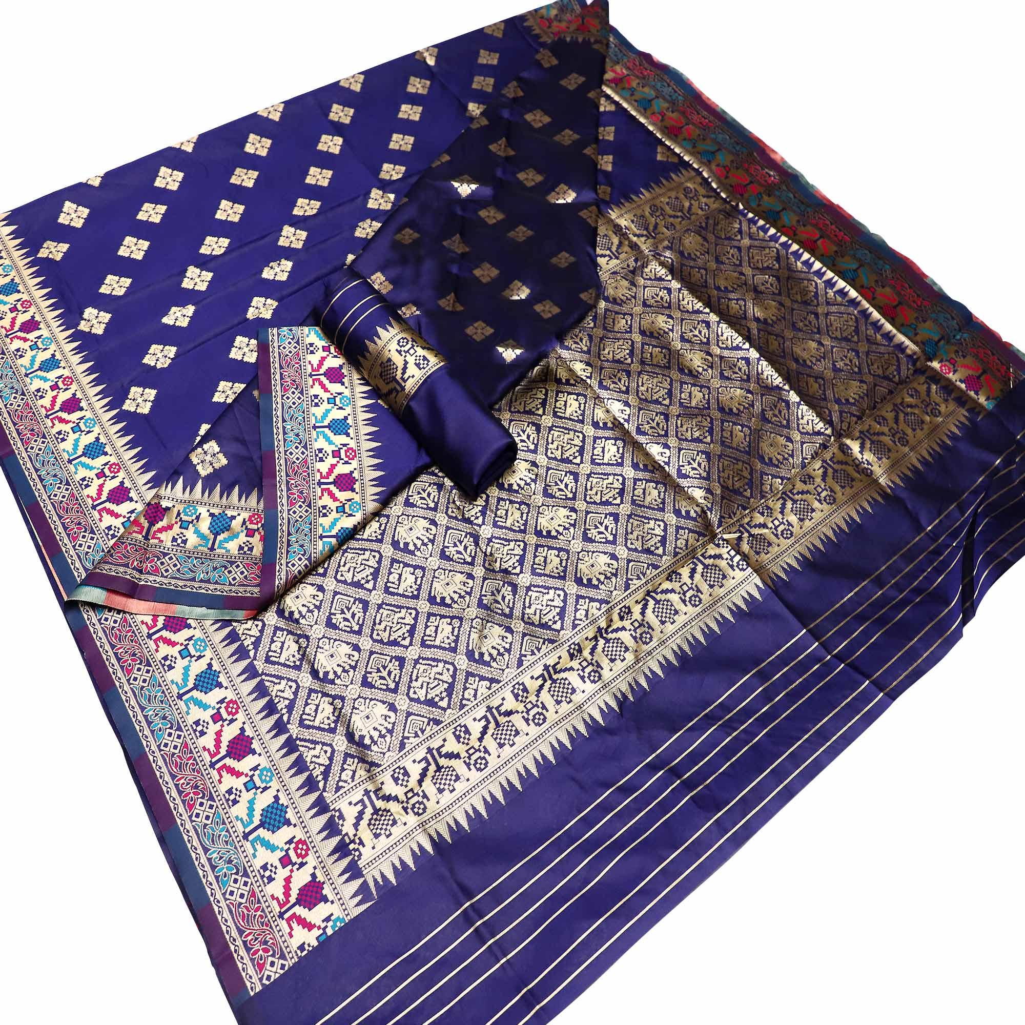 Flattering Navy Blue Colored Festive Wear Woven Banarasi Silk Saree - Peachmode
