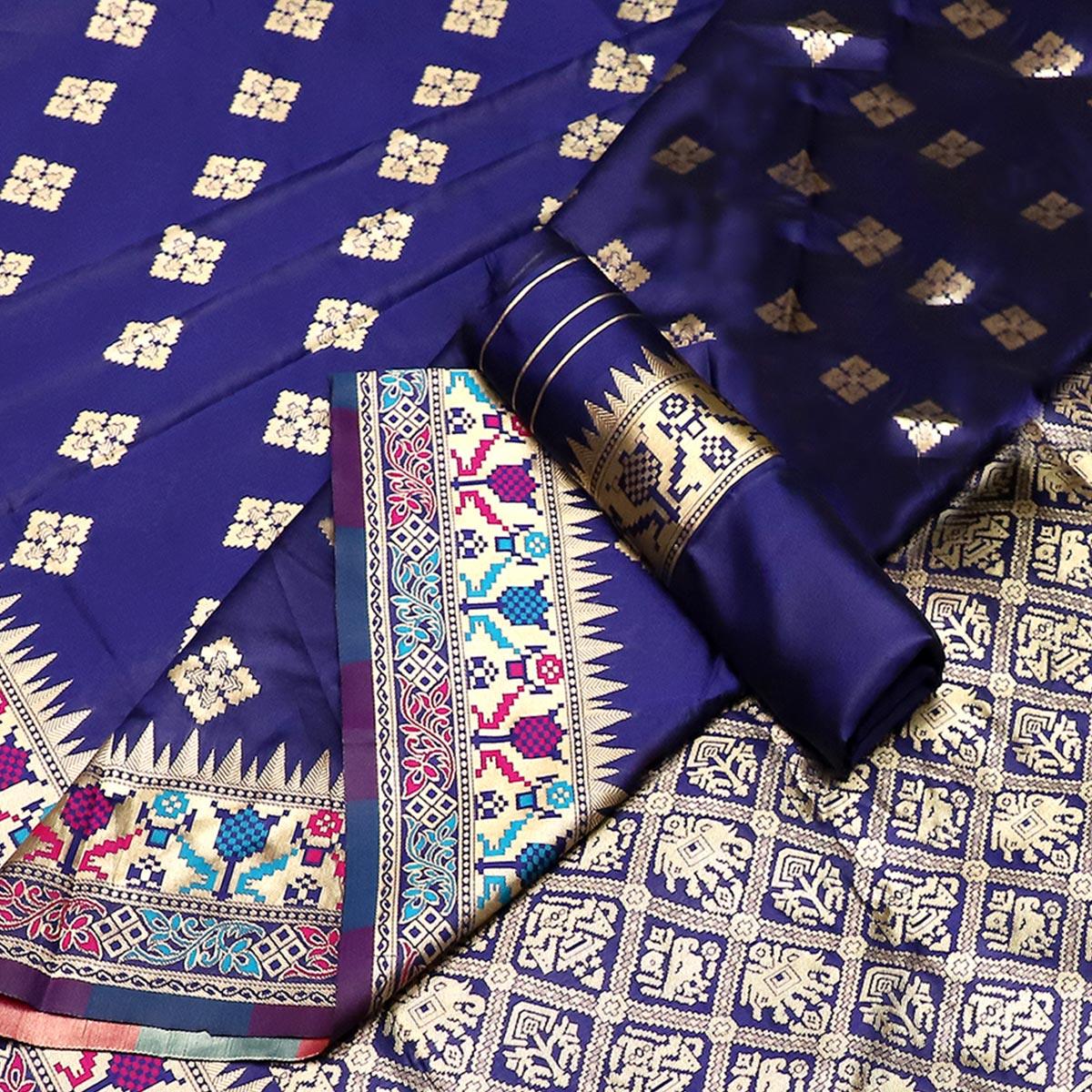 Flattering Navy Blue Colored Festive Wear Woven Banarasi Silk Saree - Peachmode
