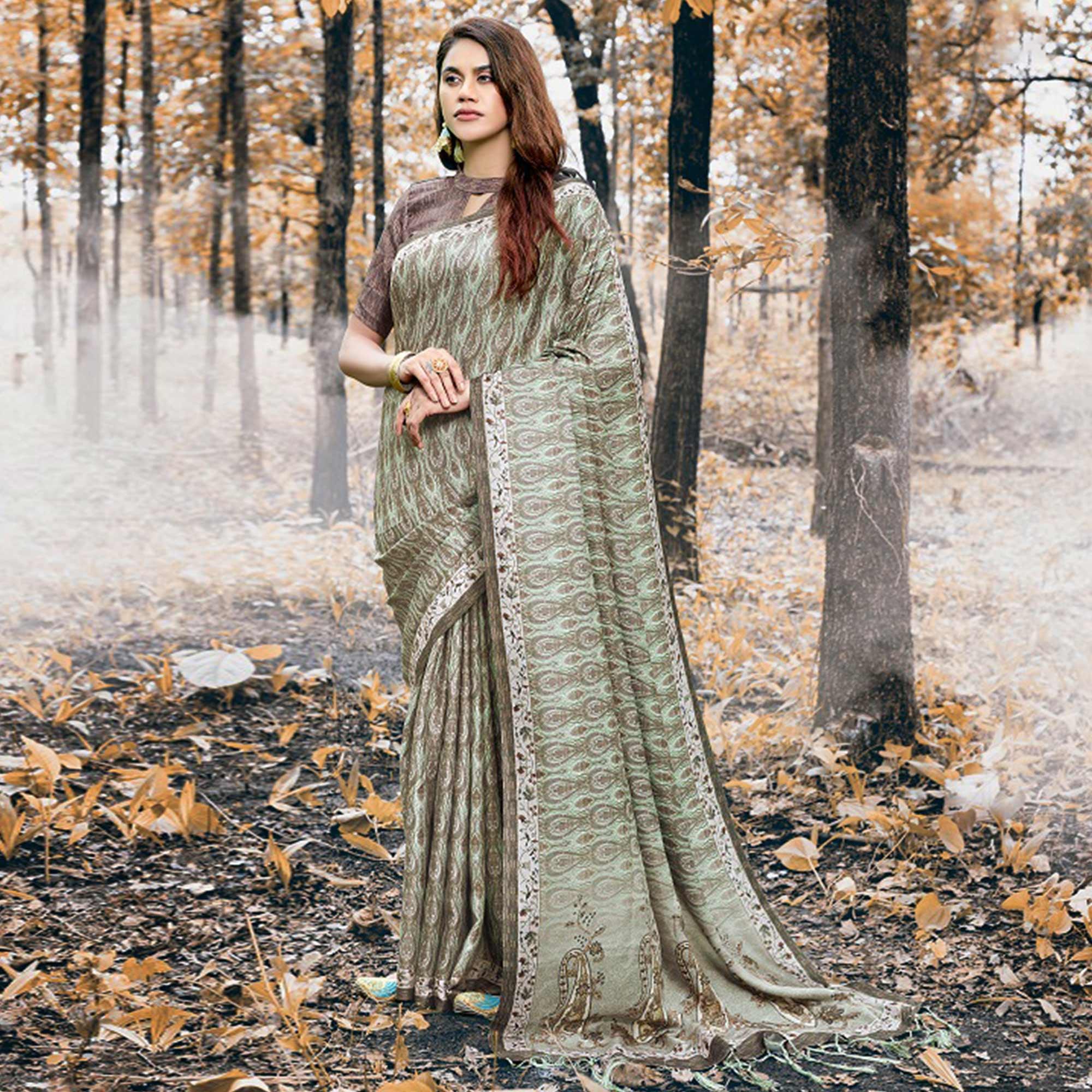 Flattering Olive Green Colored Festive Wear Printed Art Silk Saree - Peachmode