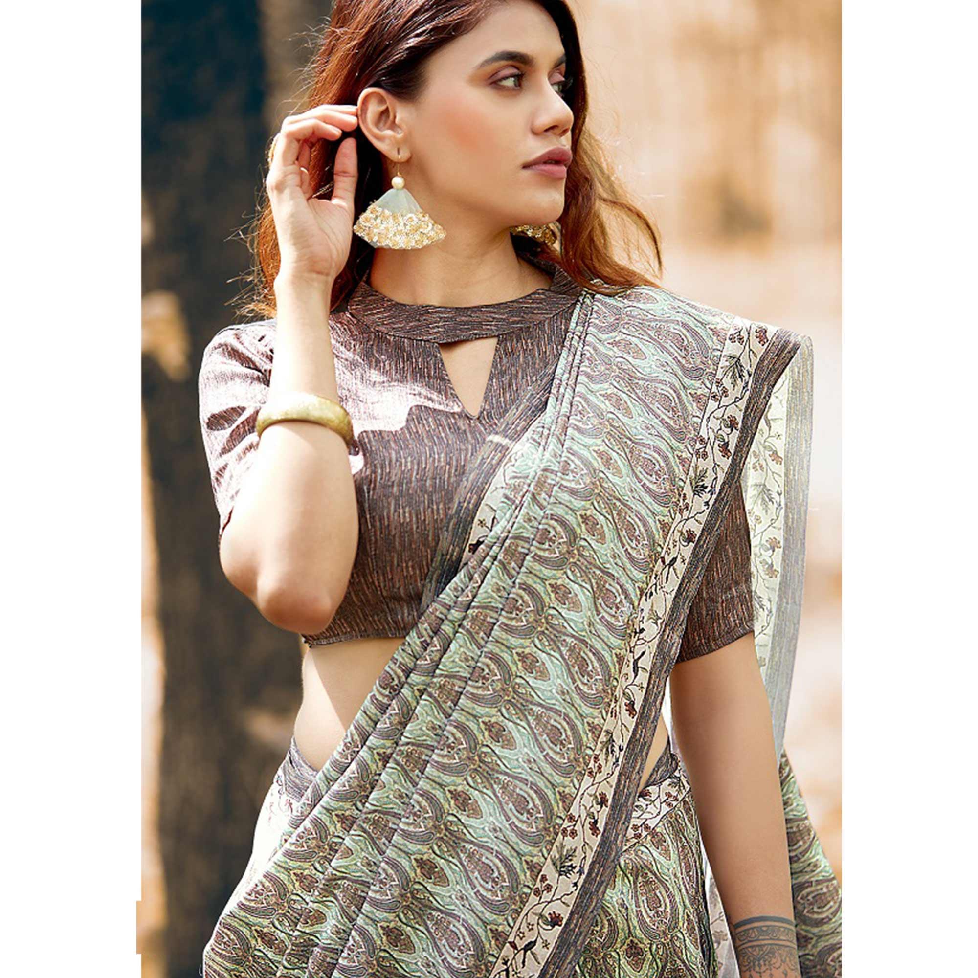 Flattering Olive Green Colored Festive Wear Printed Art Silk Saree - Peachmode