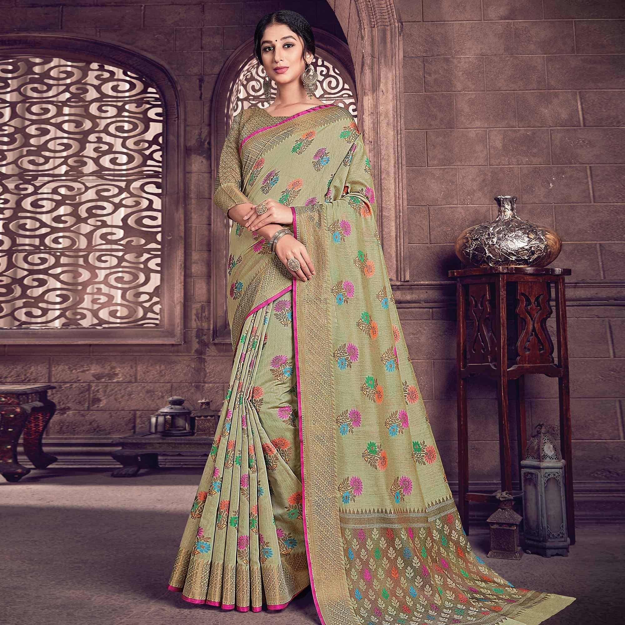 Flattering Olive Green Colored Festive Wear Woven Handloom Silk Saree - Peachmode