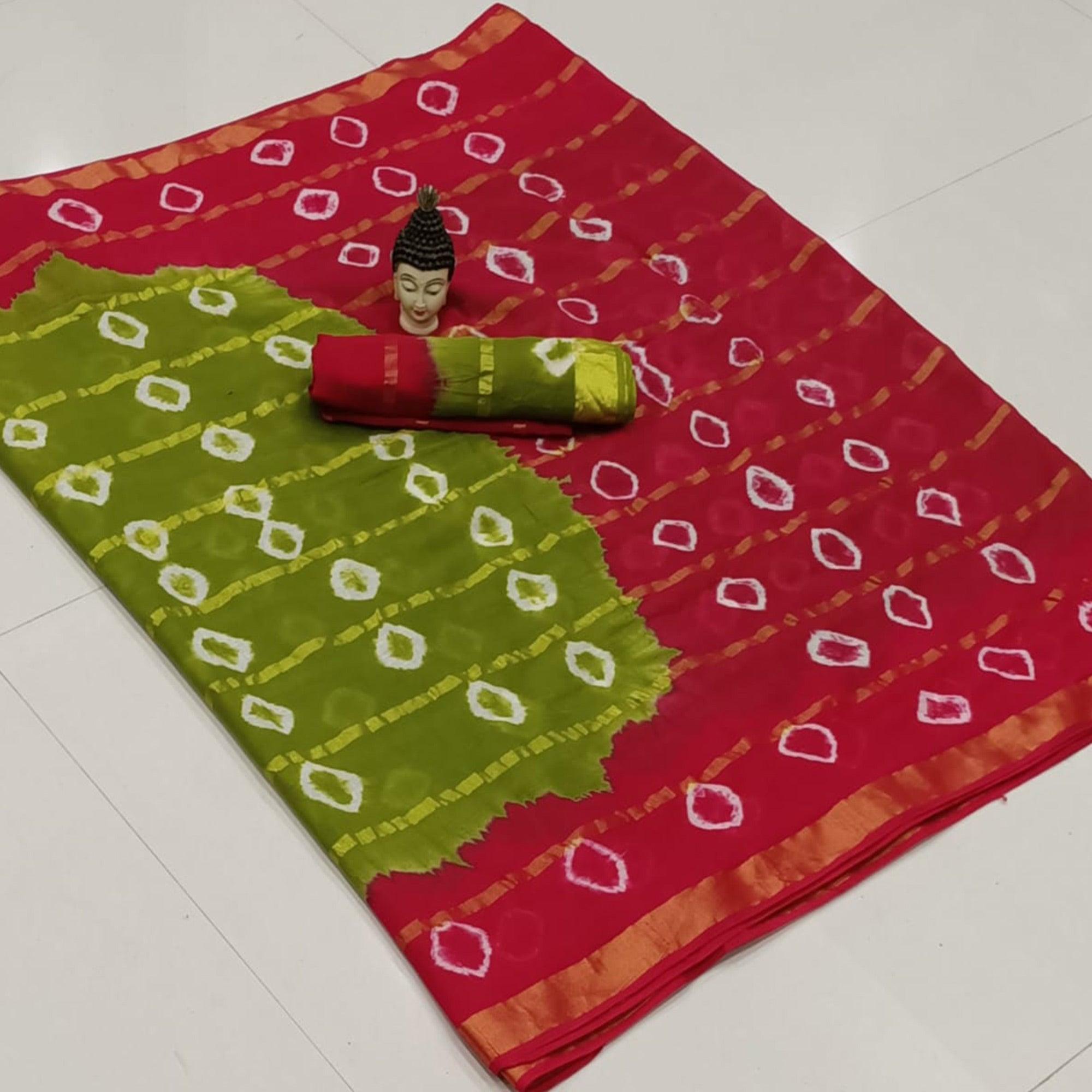 Flattering Olive Green-Red Colored Casual Wear Bandhani Print Cotton Saree - Peachmode