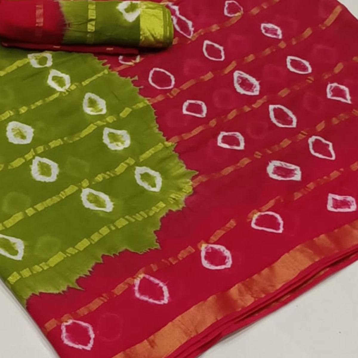 Flattering Olive Green-Red Colored Casual Wear Bandhani Print Cotton Saree - Peachmode