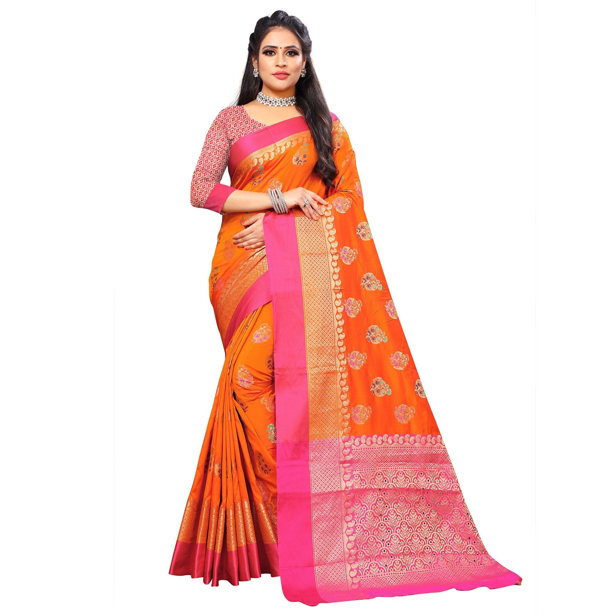 Flattering Orange Colored Festive Wear Woven Silk Saree - Peachmode
