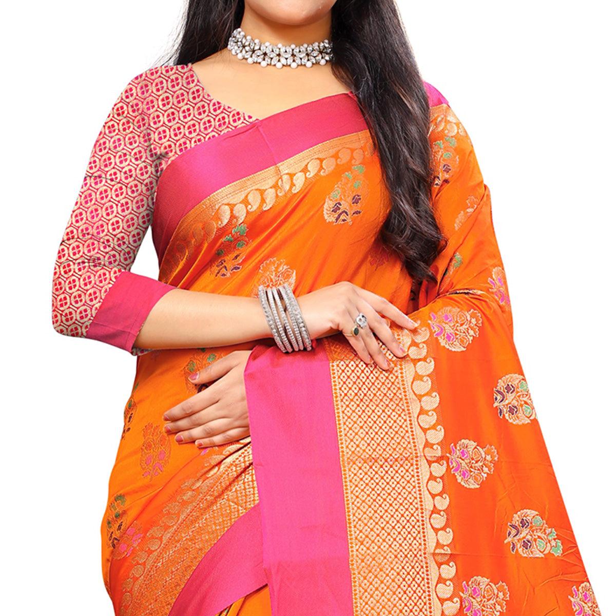 Flattering Orange Colored Festive Wear Woven Silk Saree - Peachmode