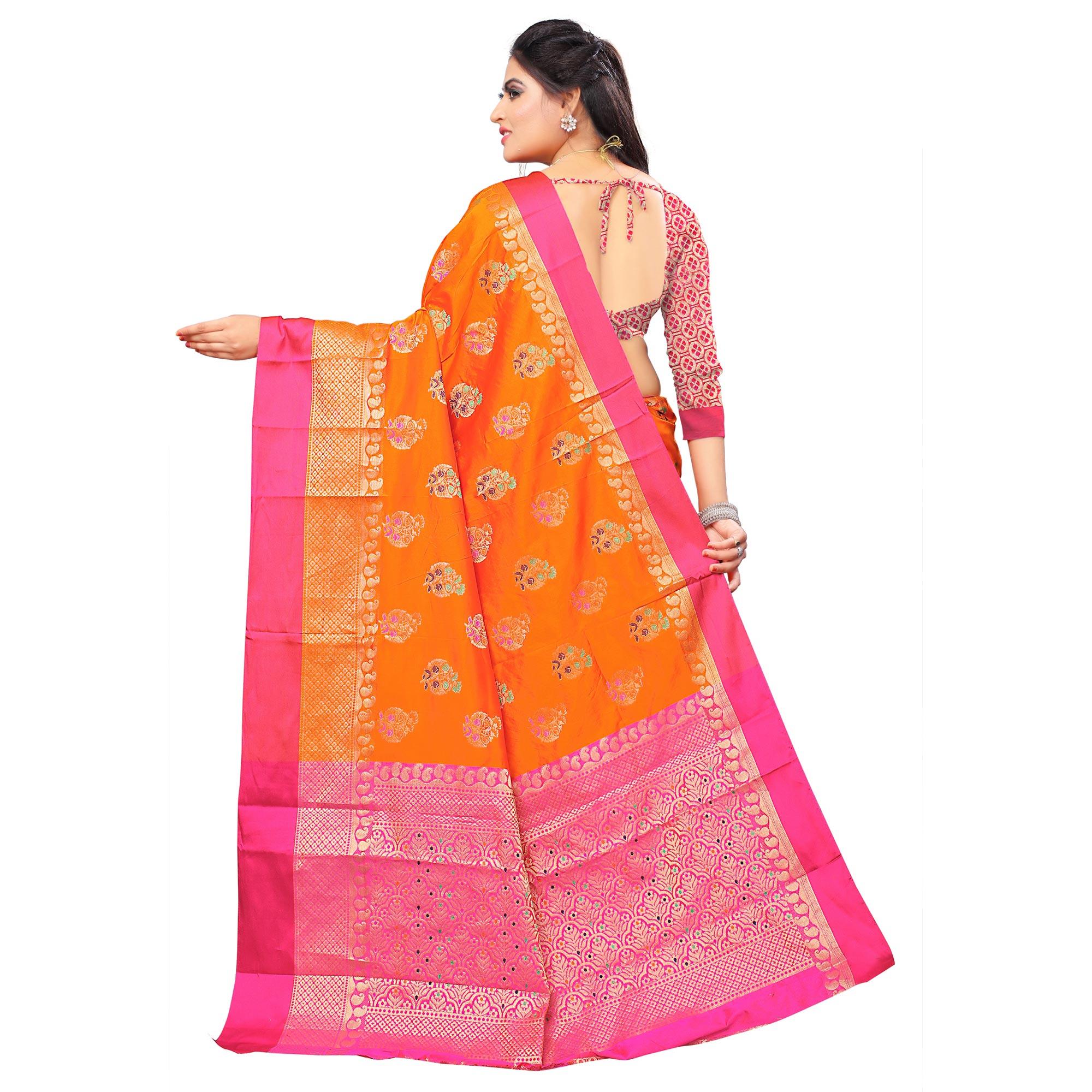Flattering Orange Colored Festive Wear Woven Silk Saree - Peachmode