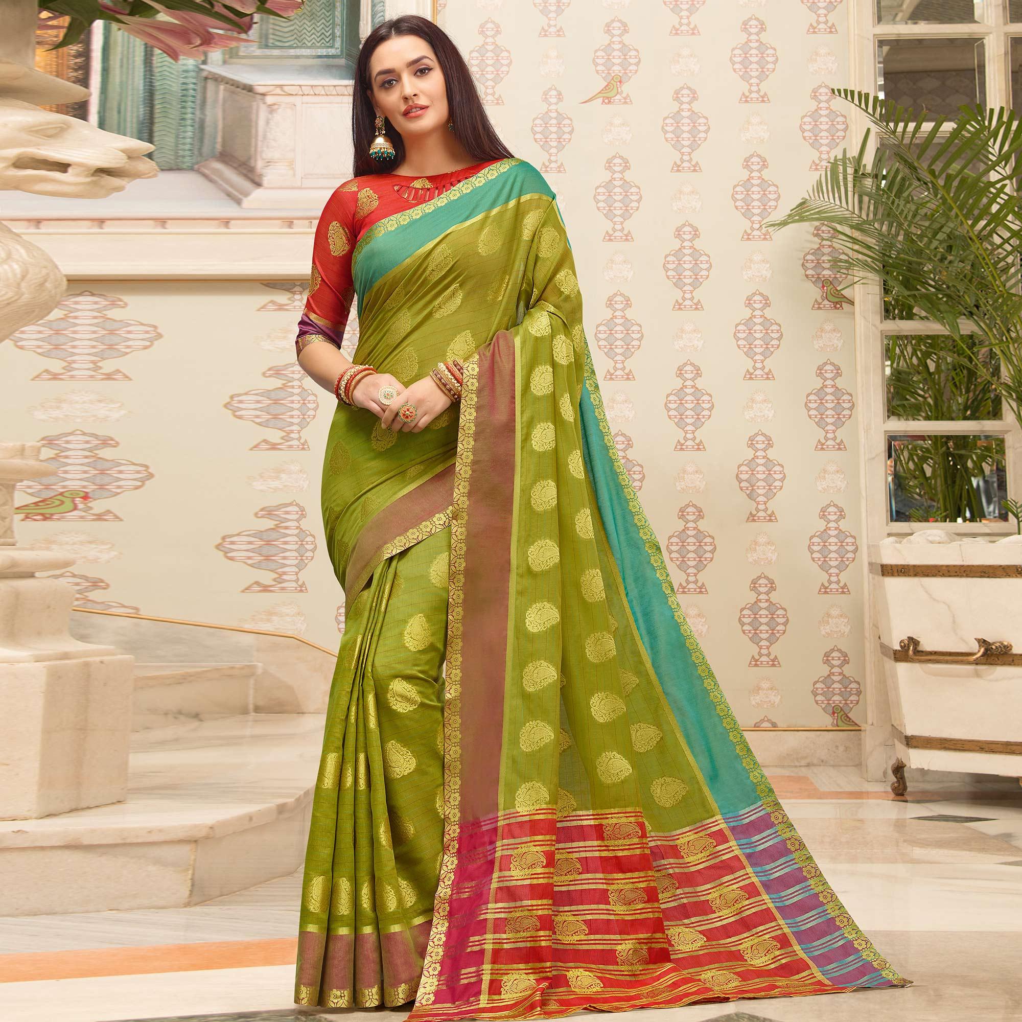 Flattering Parrot Green Colored Festive Wear Woven Cotton Handloom Saree - Peachmode