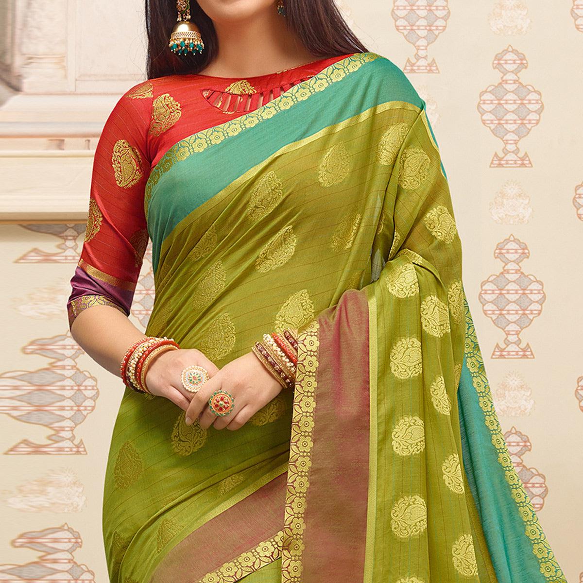 Flattering Parrot Green Colored Festive Wear Woven Cotton Handloom Saree - Peachmode