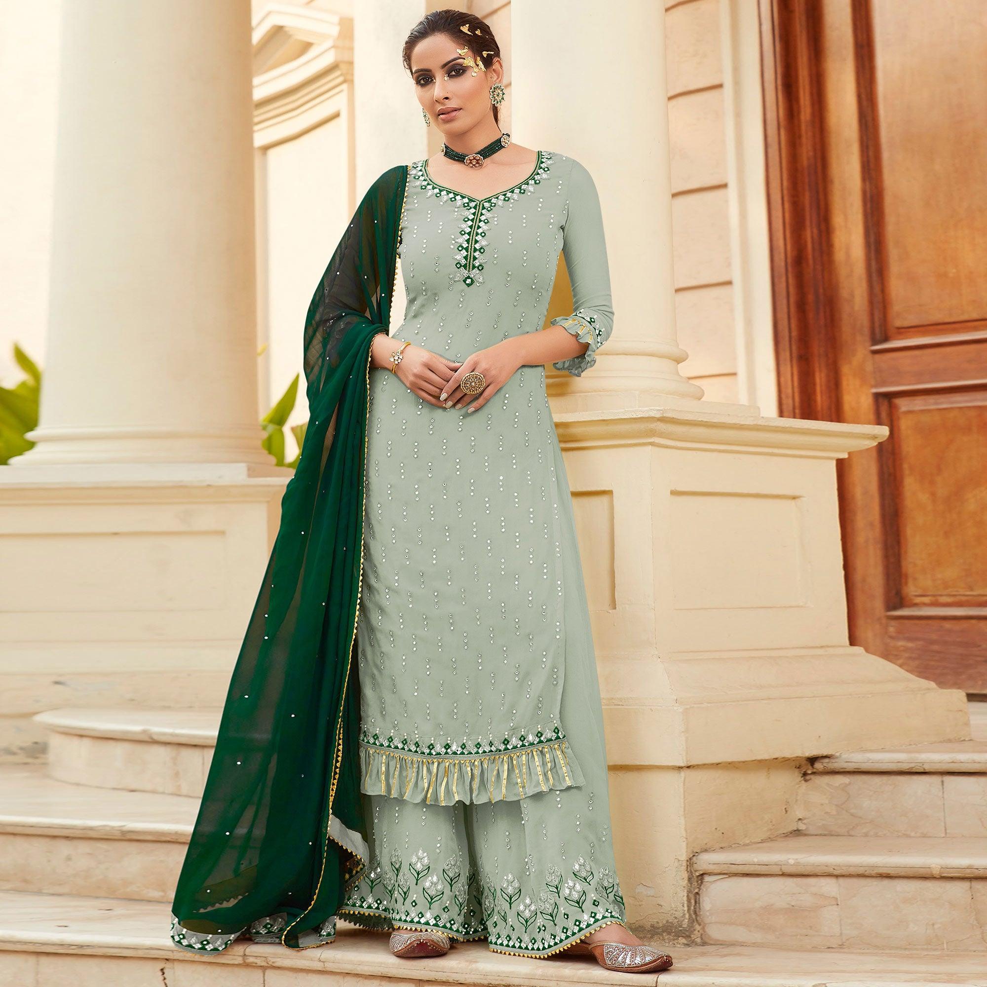 Flattering Pastel Green Colored Partywear Embroidered Georgette Palazzo Suit - Peachmode