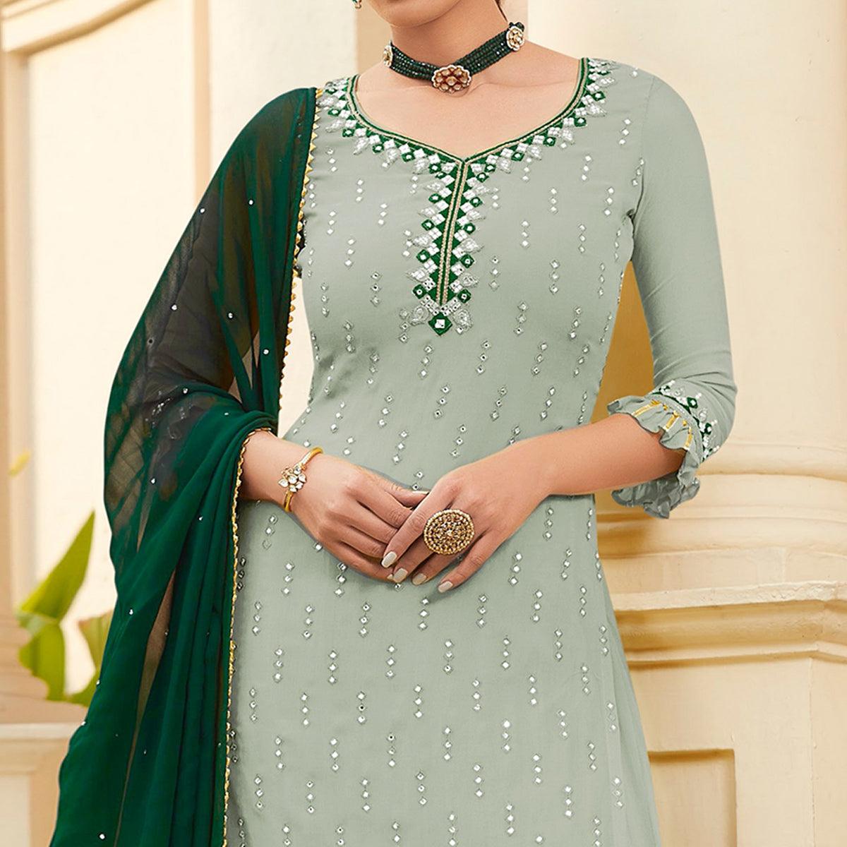 Flattering Pastel Green Colored Partywear Embroidered Georgette Palazzo Suit - Peachmode