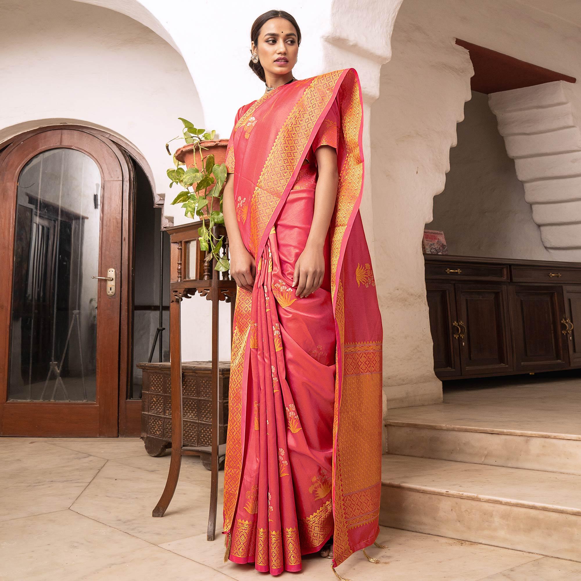 Flattering Peach Colored Festive Wear Woven Silk Saree - Peachmode