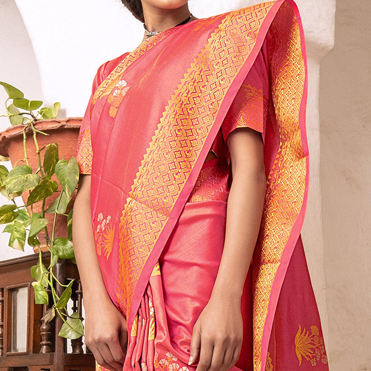 Flattering Peach Colored Festive Wear Woven Silk Saree - Peachmode