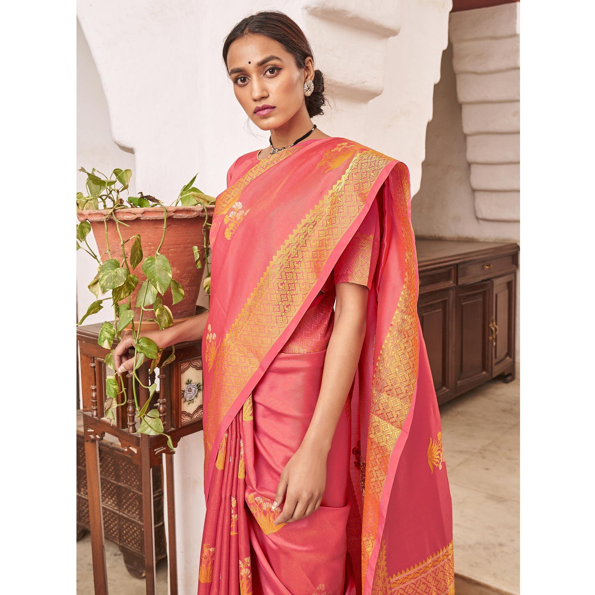Flattering Peach Colored Festive Wear Woven Silk Saree - Peachmode