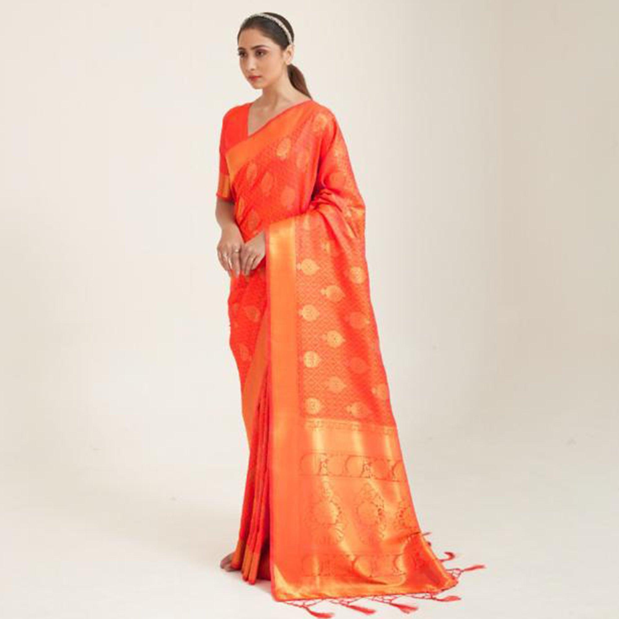 Flattering Peach Coloured Festive Wear Handloom Woven Silk Saree - Peachmode