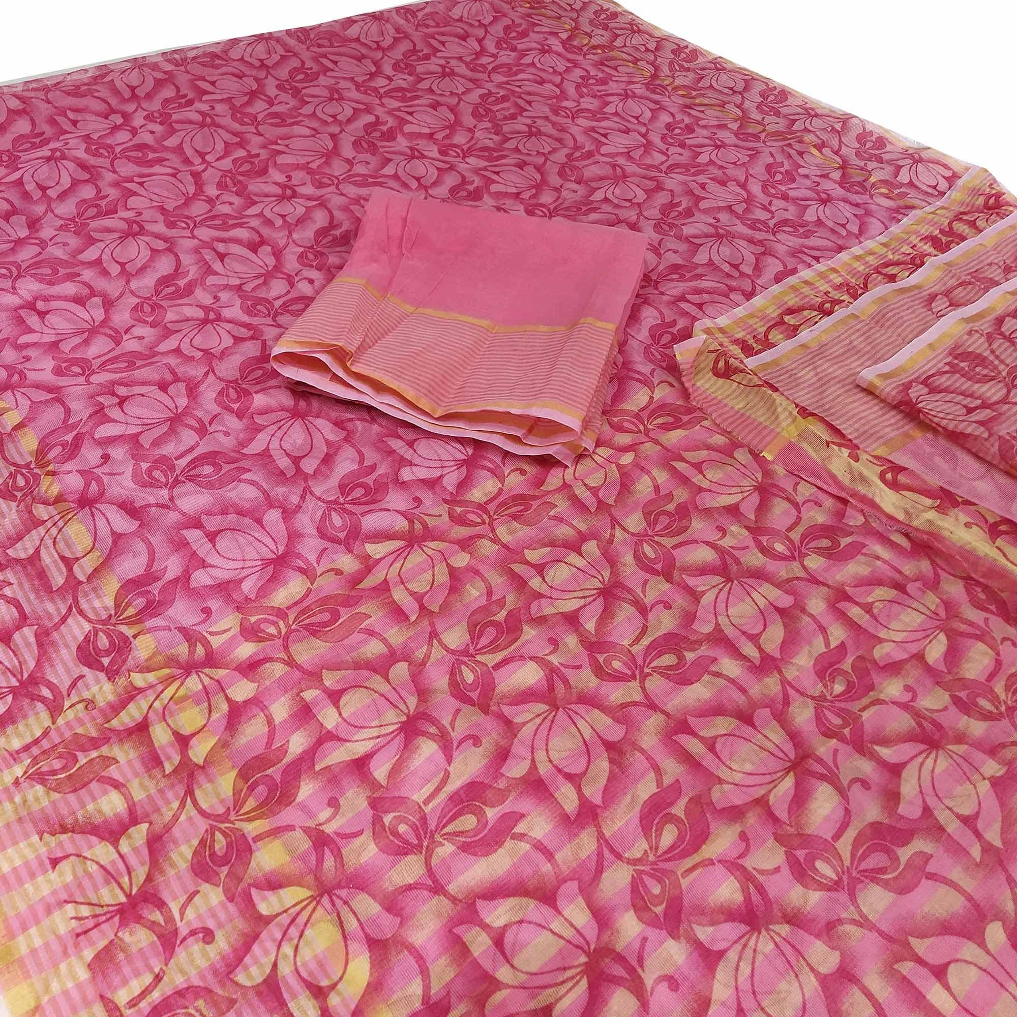 Flattering Pink Colored Casual Wear Floral Printed Net Saree - Peachmode