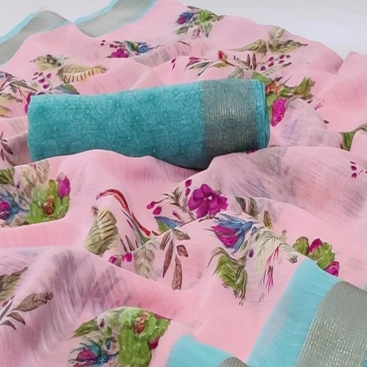 Flattering Pink Colored Casual Wear Printed Linen Saree - Peachmode