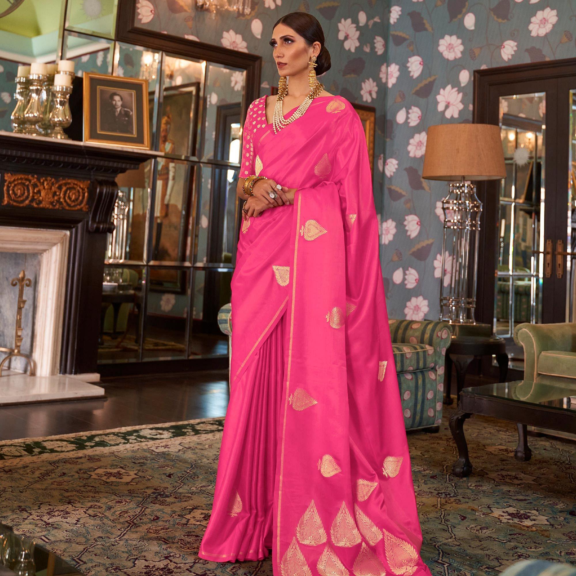 Flattering Pink Colored Festive Wear Woven Pure Satin Silk Saree - Peachmode