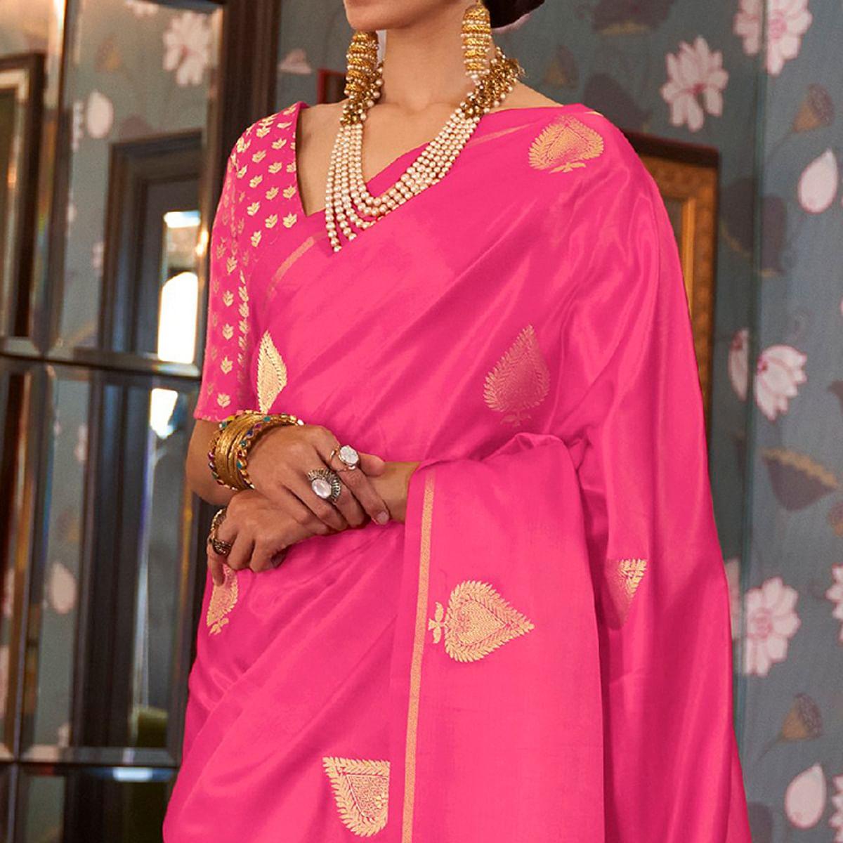 Flattering Pink Colored Festive Wear Woven Pure Satin Silk Saree - Peachmode