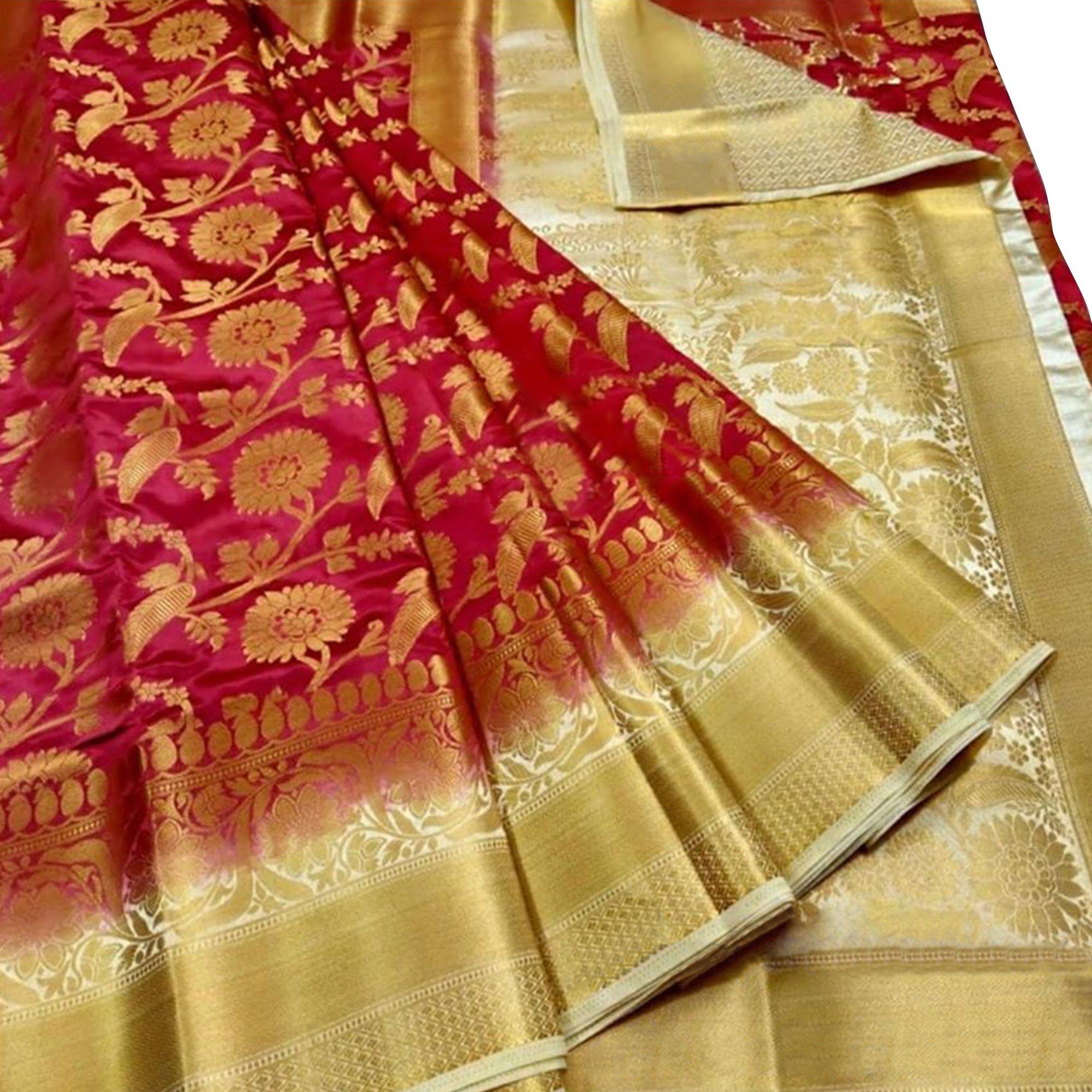 Flattering Pink Colored Festive Wear Woven Silk Blend Saree - Peachmode
