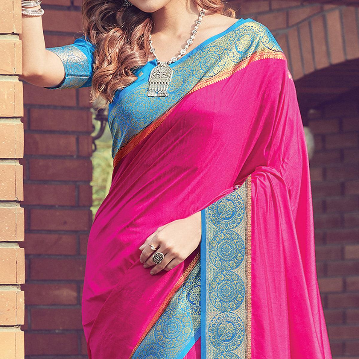 Flattering Pink Colored Festive Wear Woven Silk Sareee - Peachmode