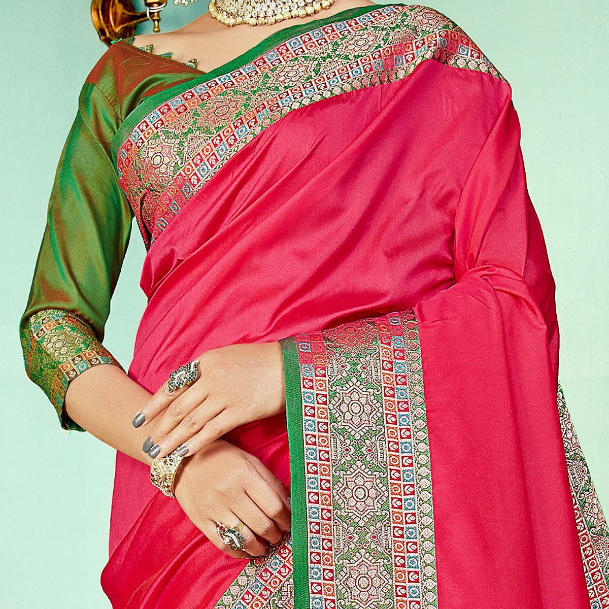 Flattering Pink Coloured Partywear Woven Silk Saree - Peachmode