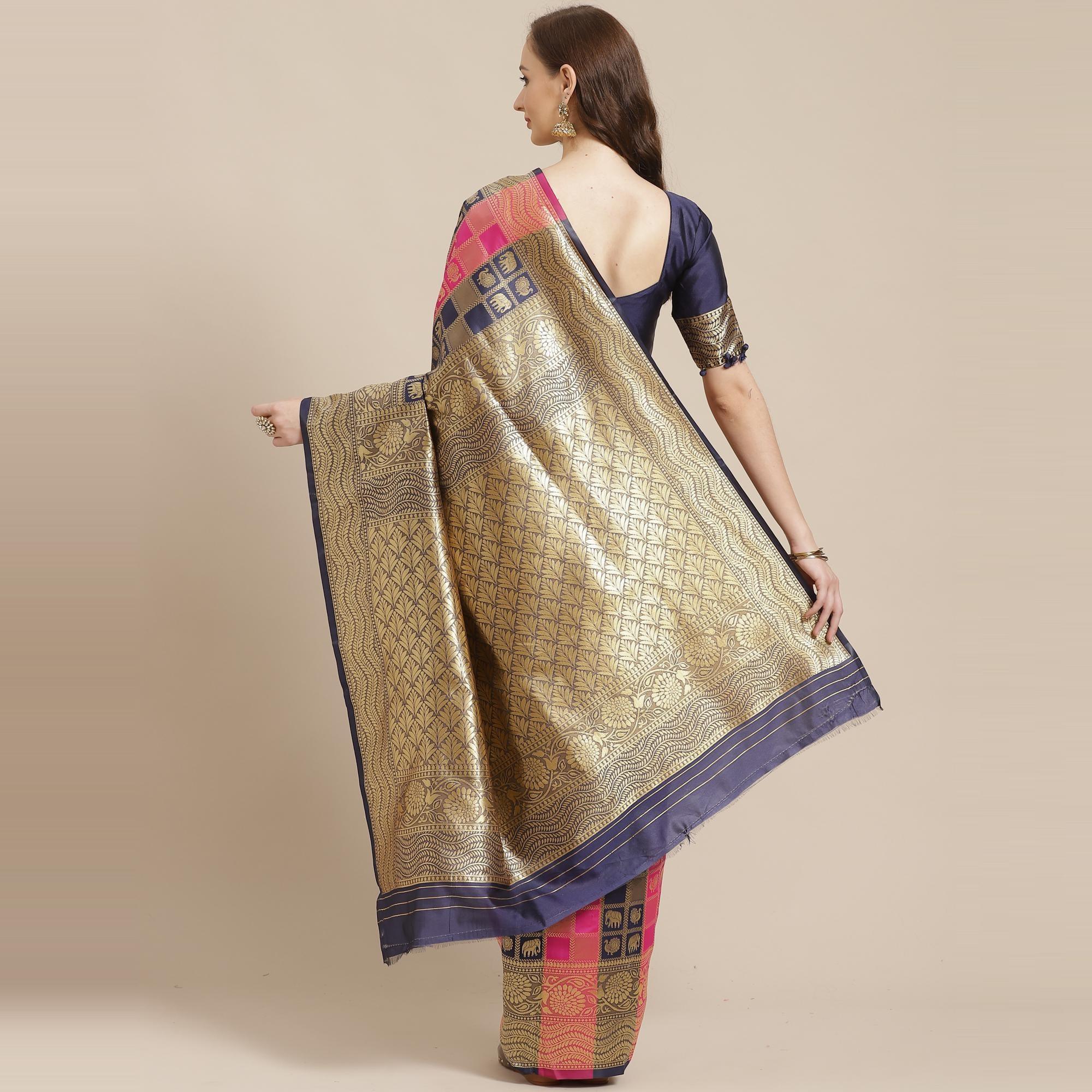 Flattering Pink - Navy Blue Colored Festive Wear Woven Silk Blend Saree - Peachmode