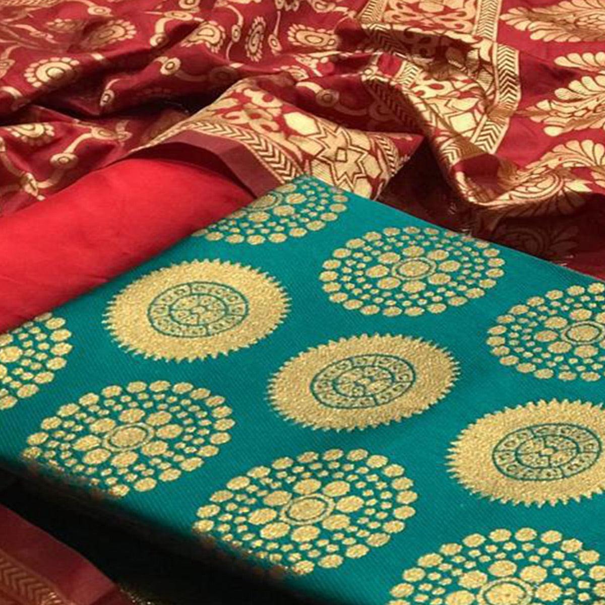 Flattering Rama Green Colored Casual Wear Woven Banarasi Silk Dress Material - Peachmode
