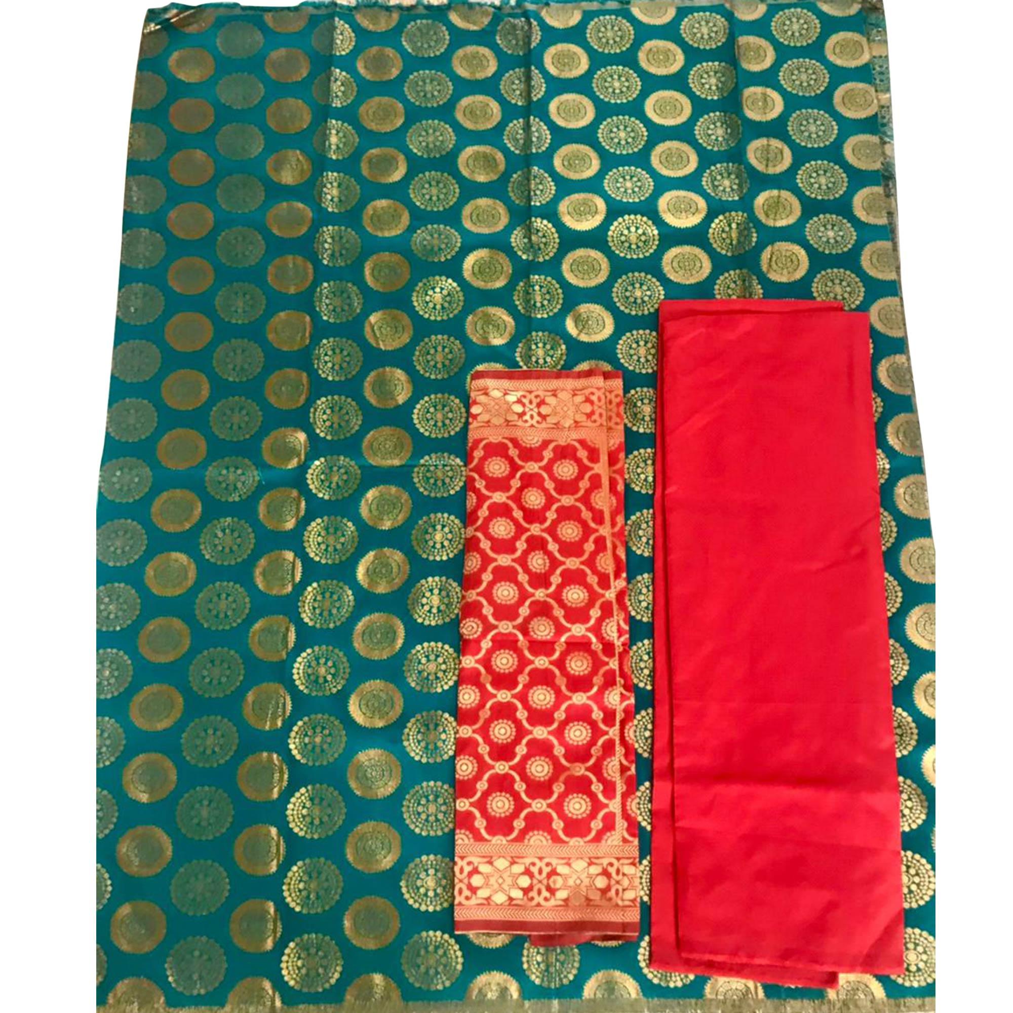 Flattering Rama Green Colored Casual Wear Woven Banarasi Silk Dress Material - Peachmode