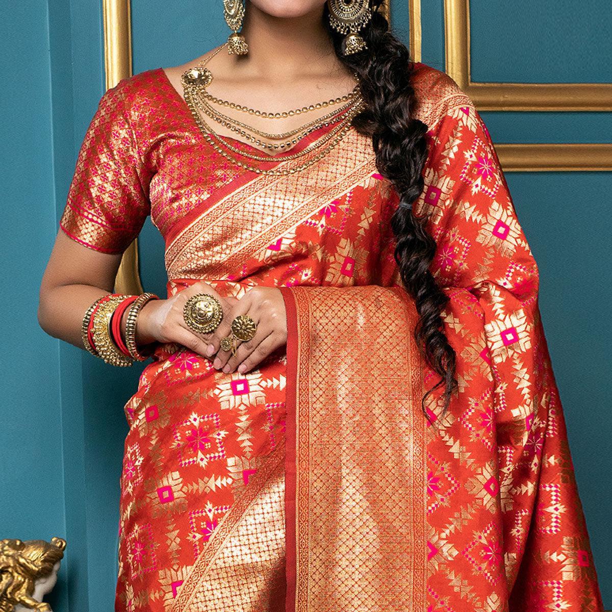 Flattering Red Colored Festive Wear Woven Banarasi Silk Saree - Peachmode