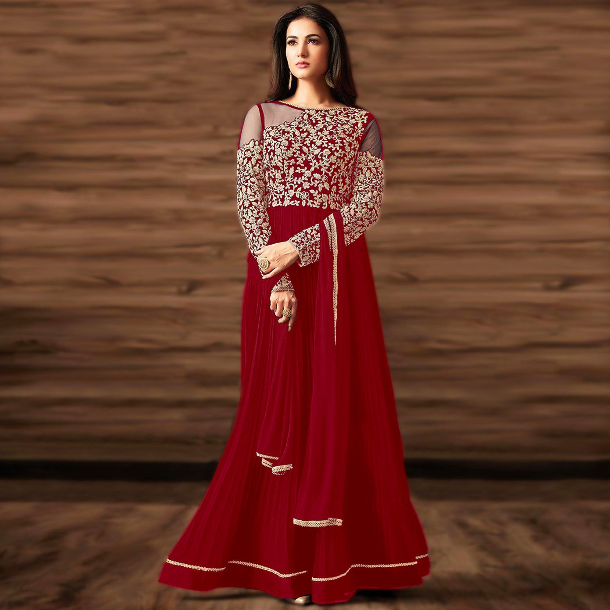 Flattering Red Colored Partywear Embroidered Georgette Anarkali Suit - Peachmode