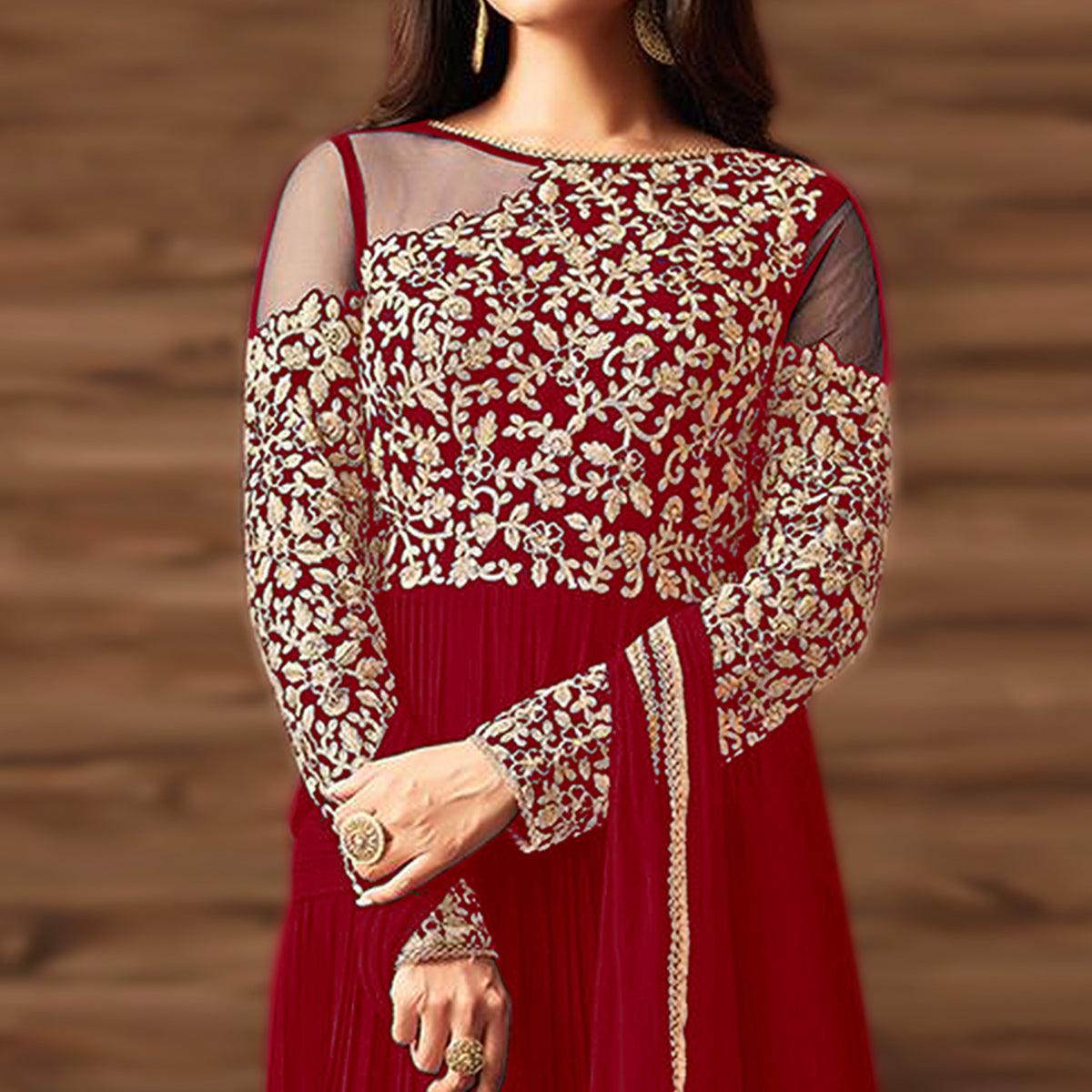 Flattering Red Colored Partywear Embroidered Georgette Anarkali Suit - Peachmode