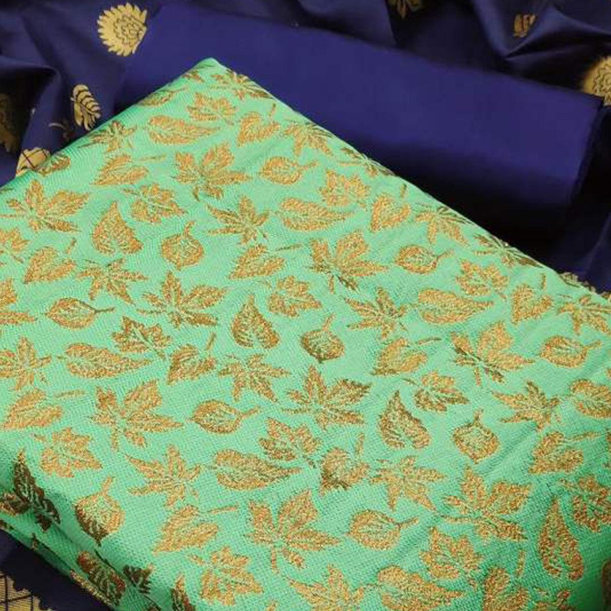Flattering Sea Green Colored Casual Wear Banarasi Silk Dress Material - Peachmode