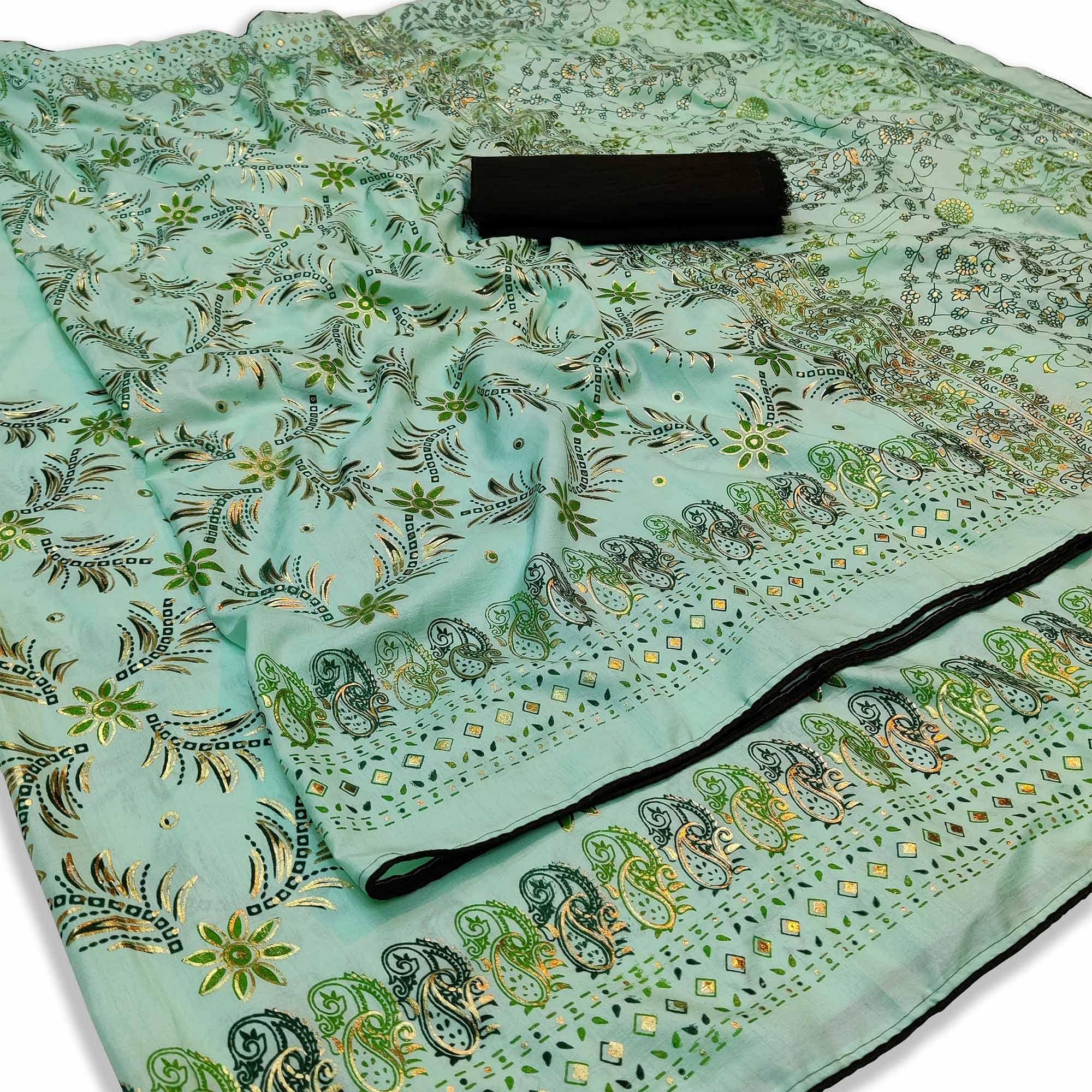 Flattering Sea Green Colored Festive Wear Printed Dola Silk Saree - Peachmode