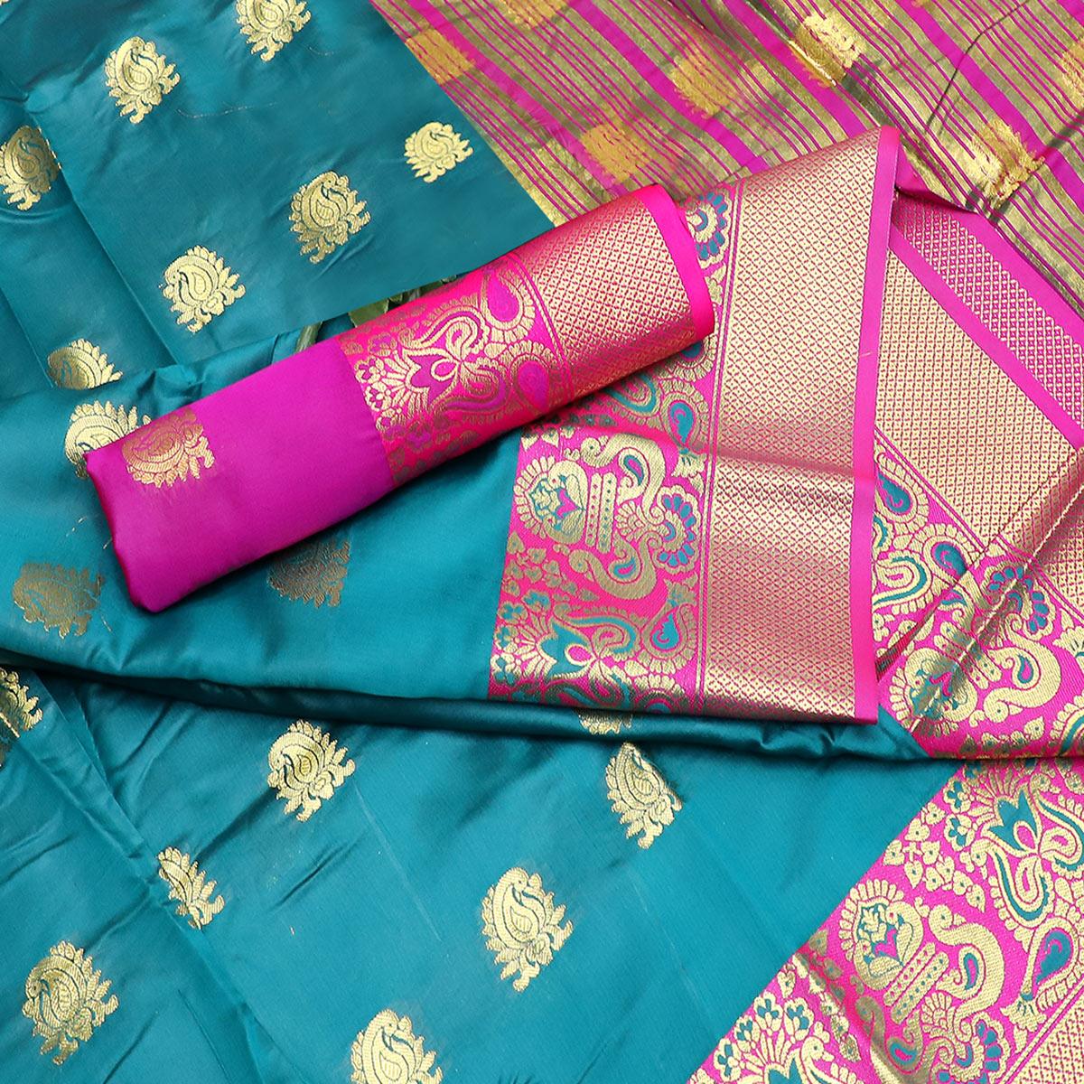 Flattering Teal Blue Colored Festive Wear Woven Litchi Banarasi Silk Saree - Peachmode