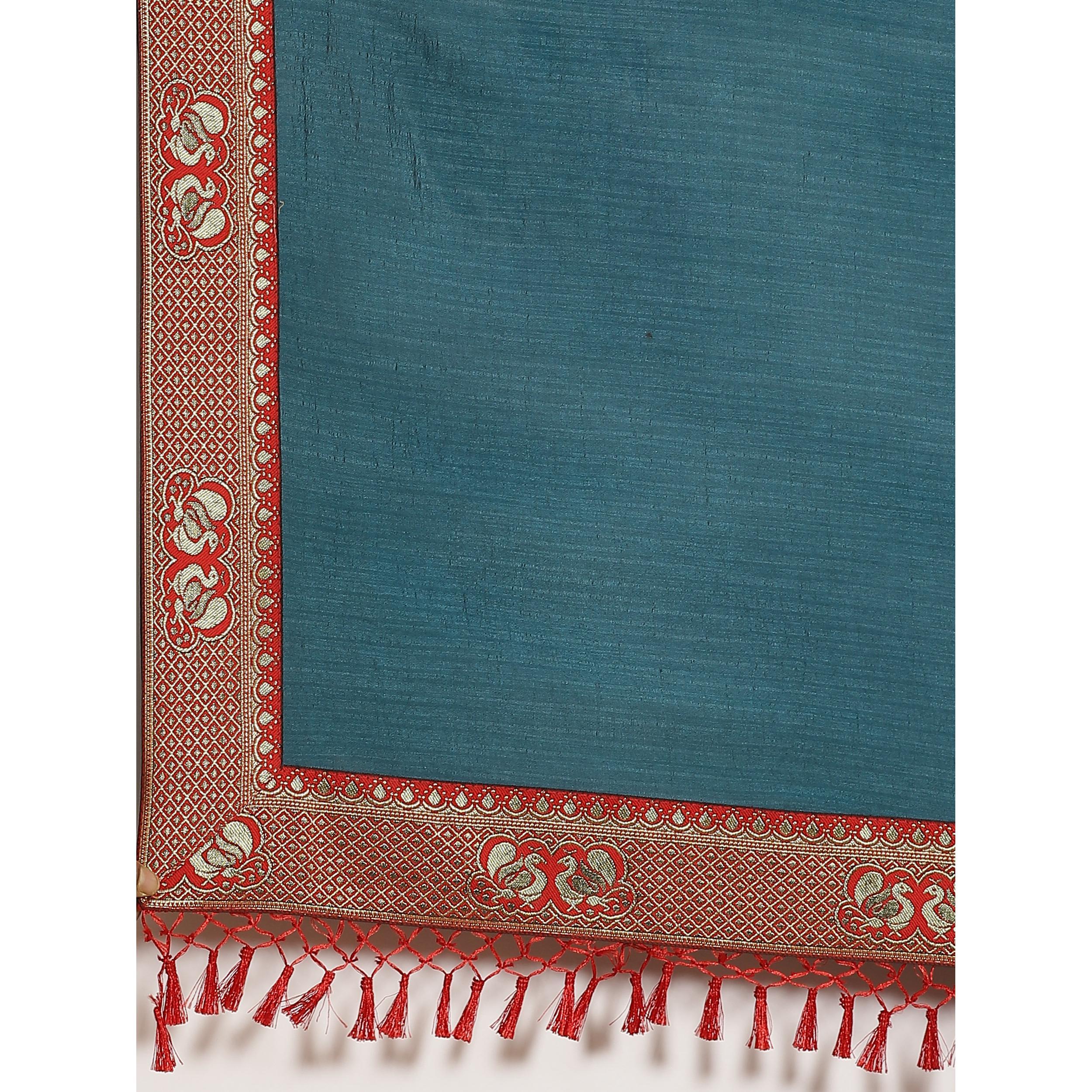 Flattering Teal Blue Colored Festive Woven Silk Blend Saree - Peachmode