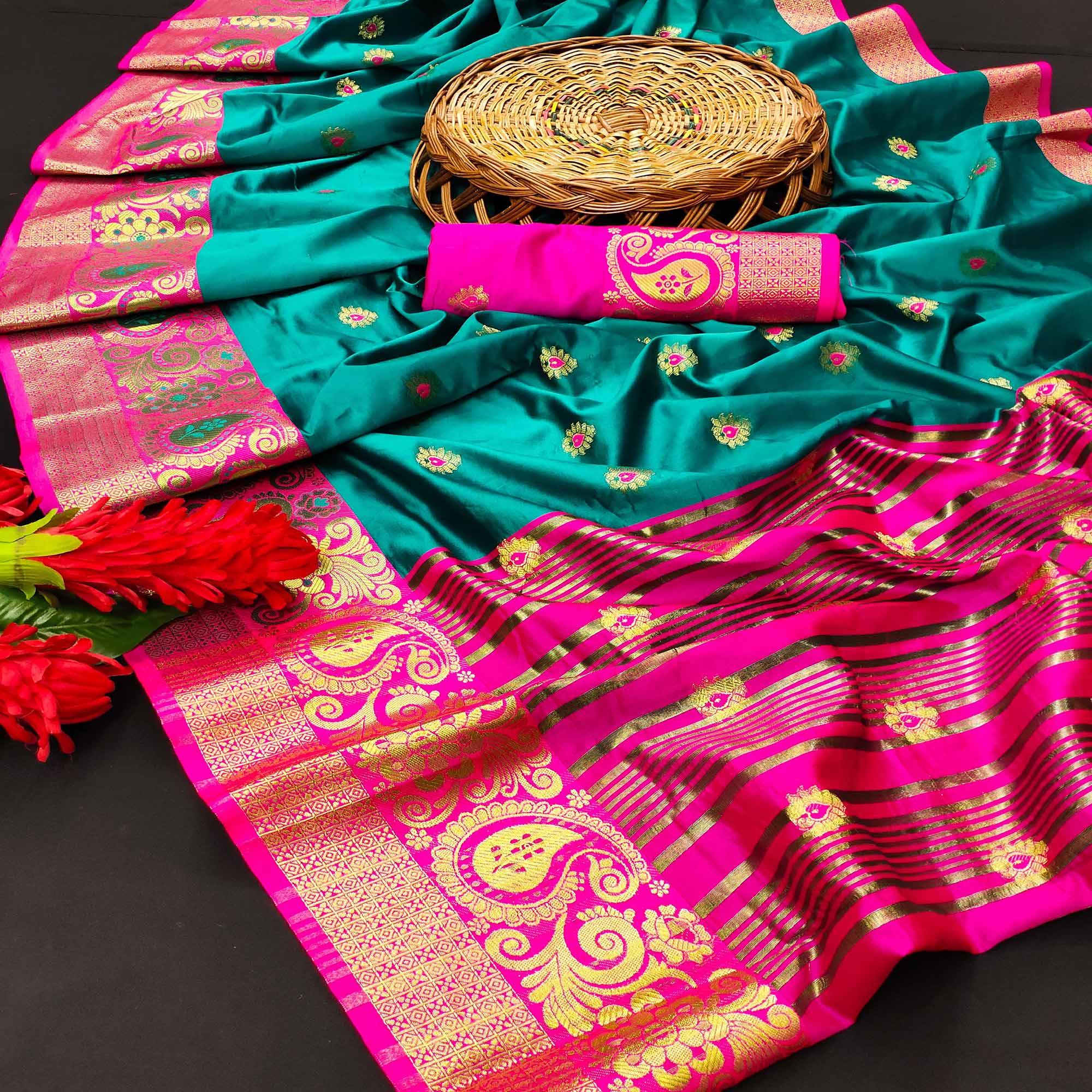 Flattering Turquoise Blue Colored Festive Wear Woven Kanjivaram Silk Saree - Peachmode