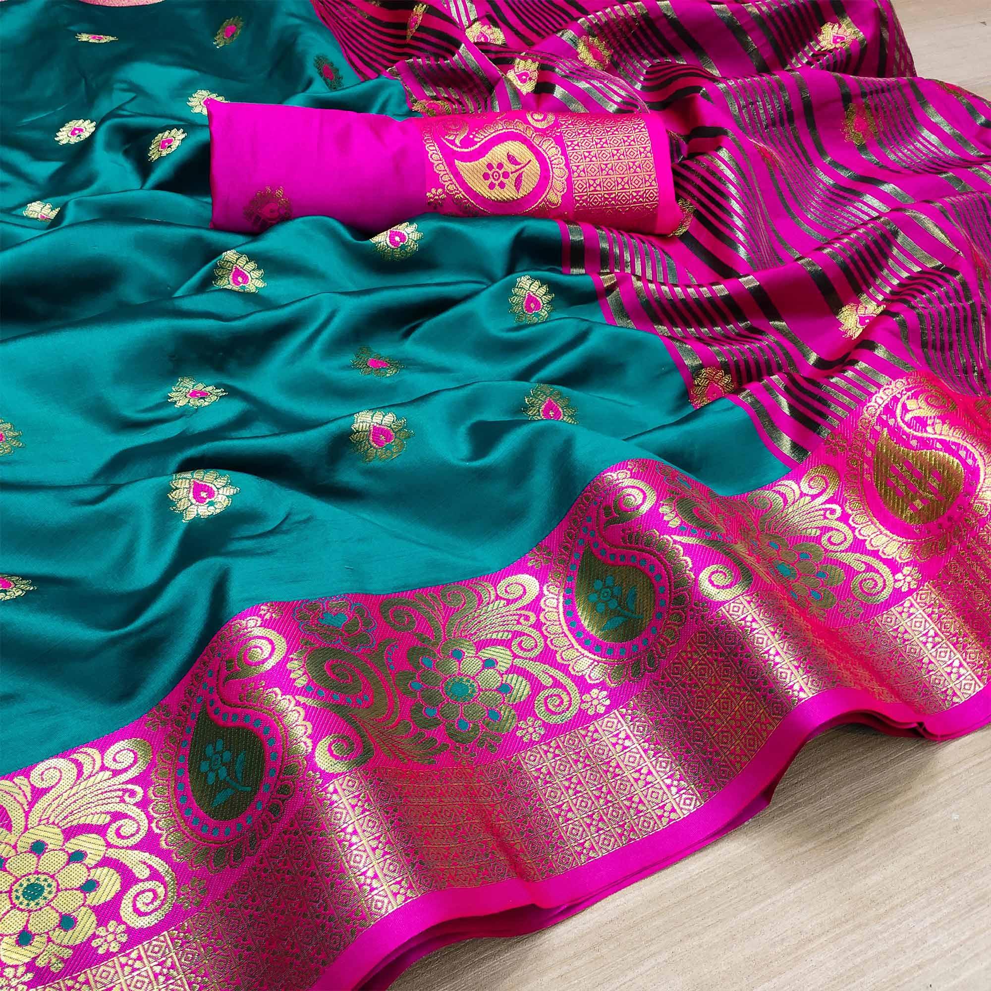 Flattering Turquoise Blue Colored Festive Wear Woven Kanjivaram Silk Saree - Peachmode