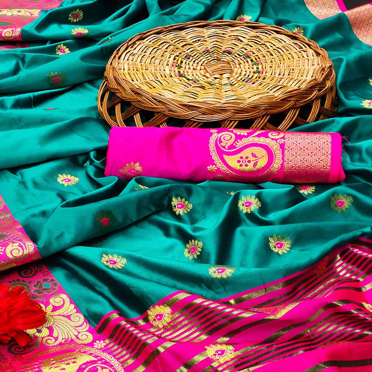 Flattering Turquoise Blue Colored Festive Wear Woven Kanjivaram Silk Saree - Peachmode