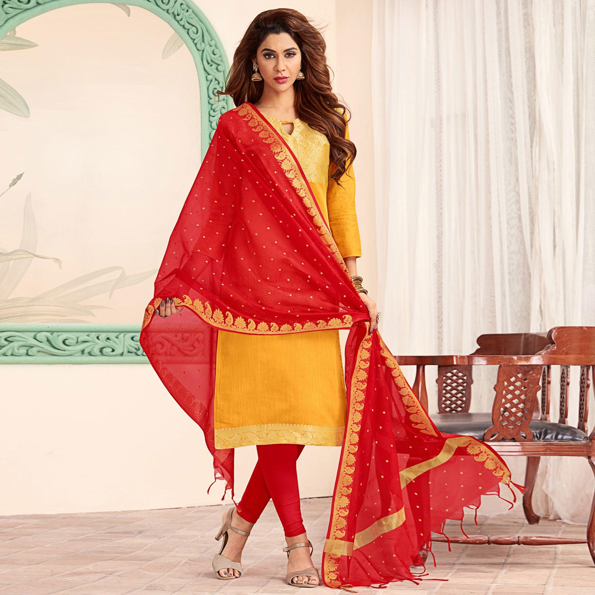 Flattering Yellow Colored Casual Wear Woven Banarasi Silk Dress Material