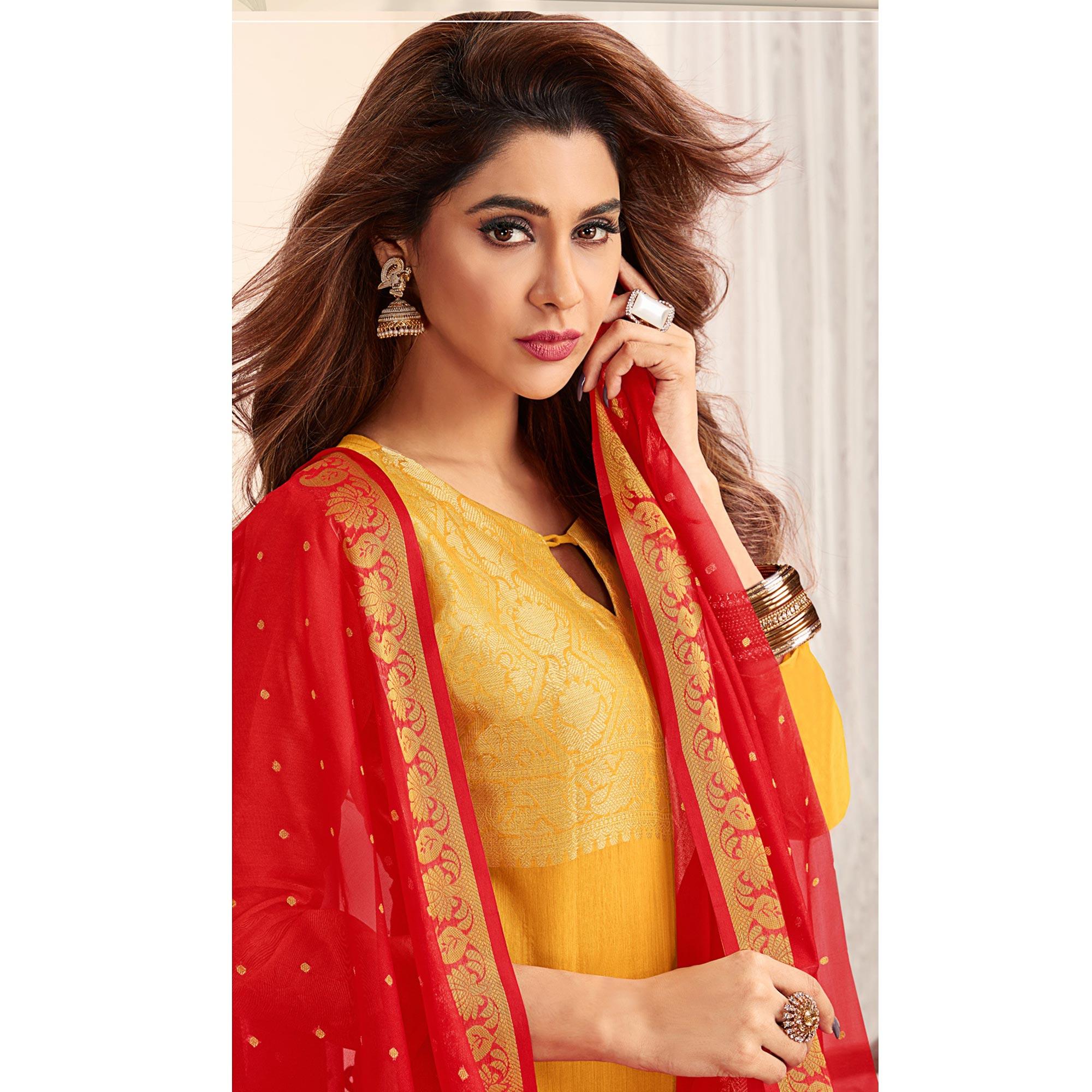 Flattering Yellow Colored Casual Wear Woven Banarasi Silk Dress Material - Peachmode