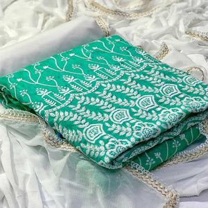 Flaunt Aqua Green Colored Casual Wear Floral Embroidered Cotton Dress Material - Peachmode