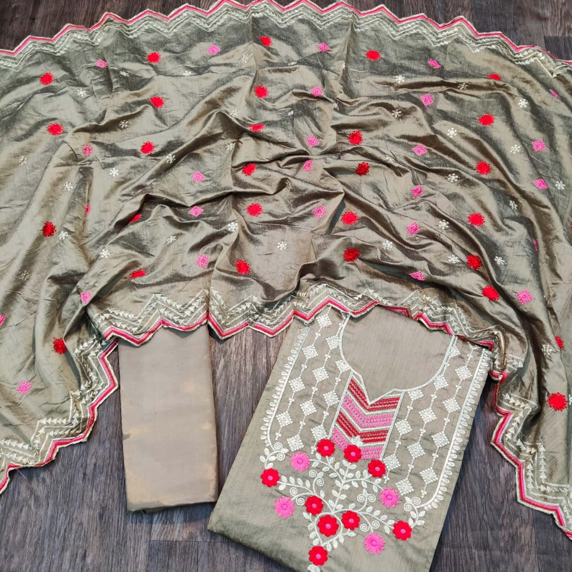 Flaunt Beige Colored Casual Wear Embroidered Chanderi Dress Material - Peachmode