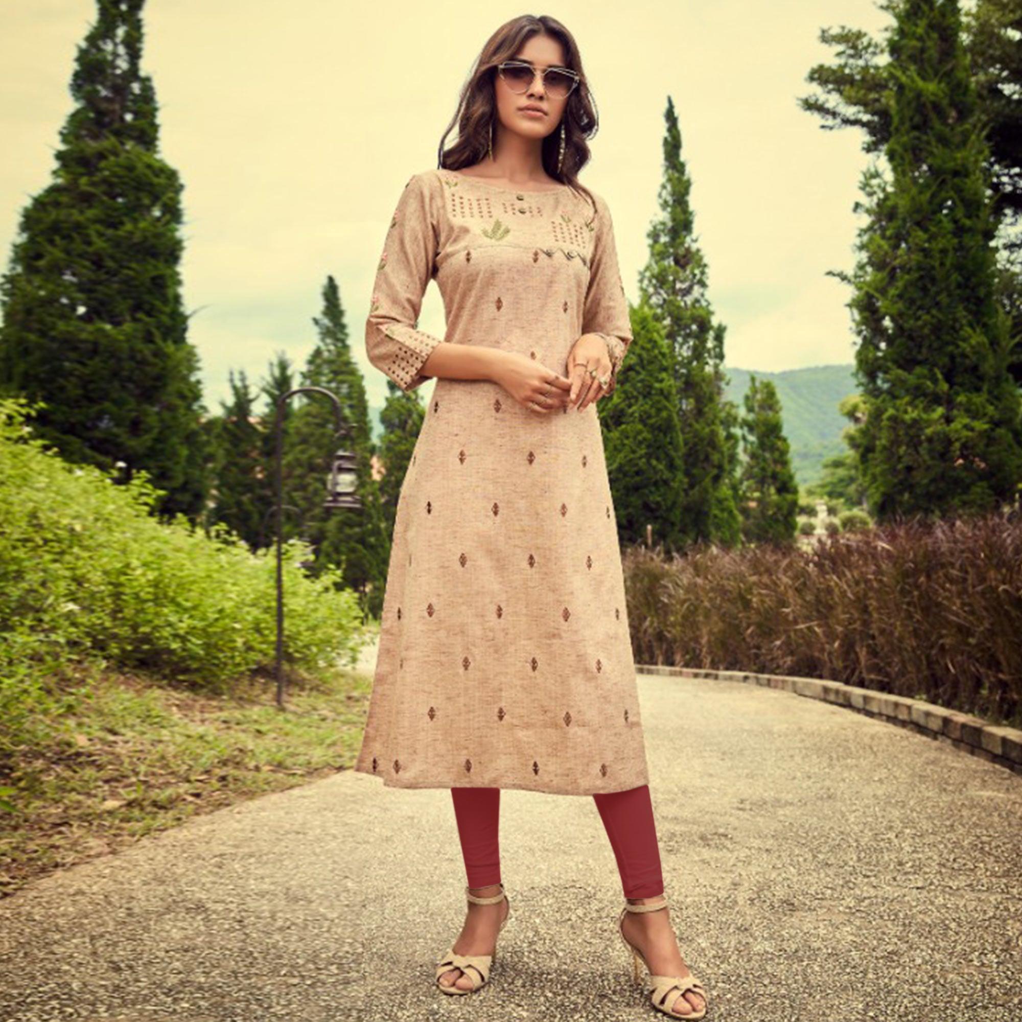 Flaunt Beige Colored Partywear Embroidered Cotton Slub Kurti-Pant Set - Peachmode