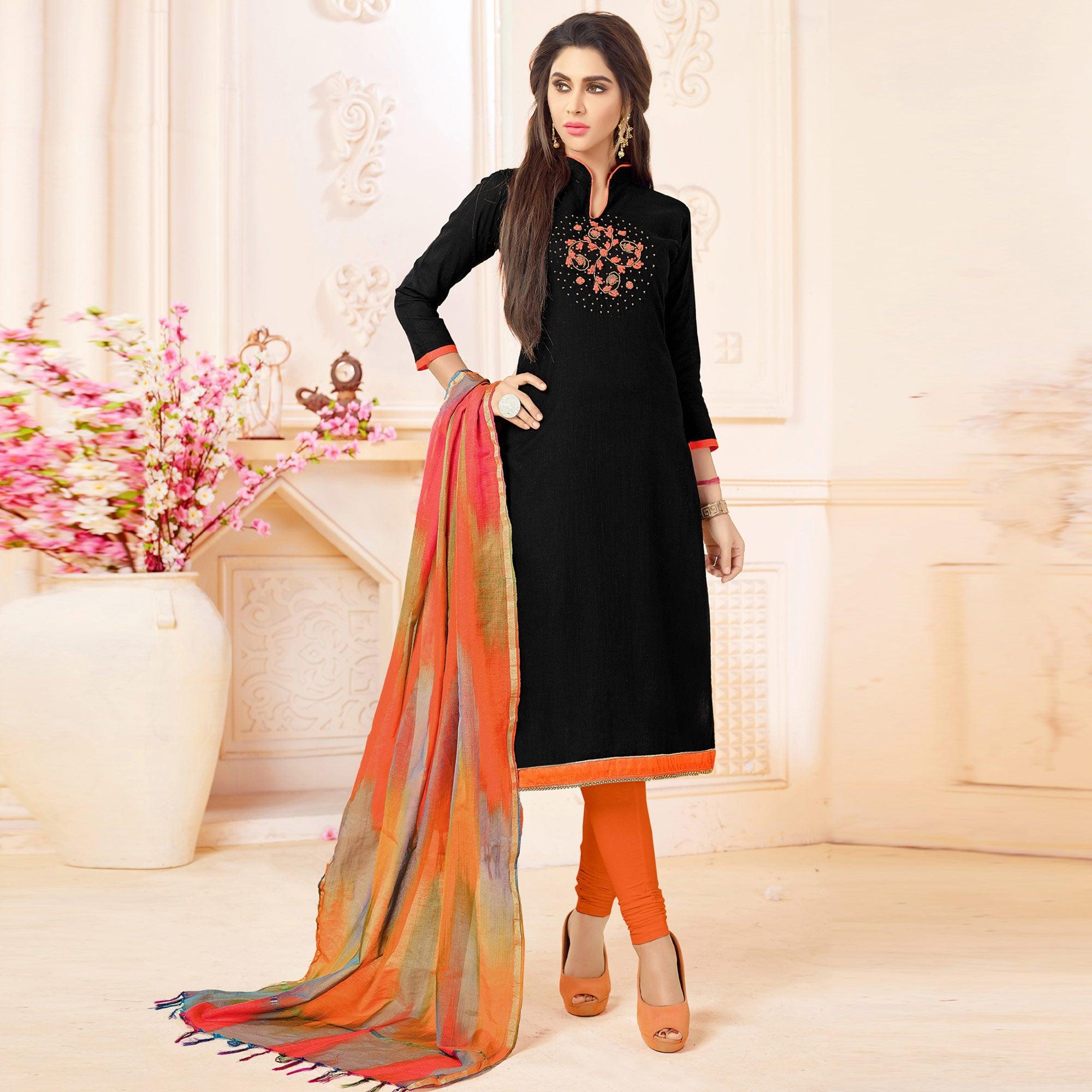 Flaunt Black Colored Embroidered Khadi Silk Dress Material - Peachmode
